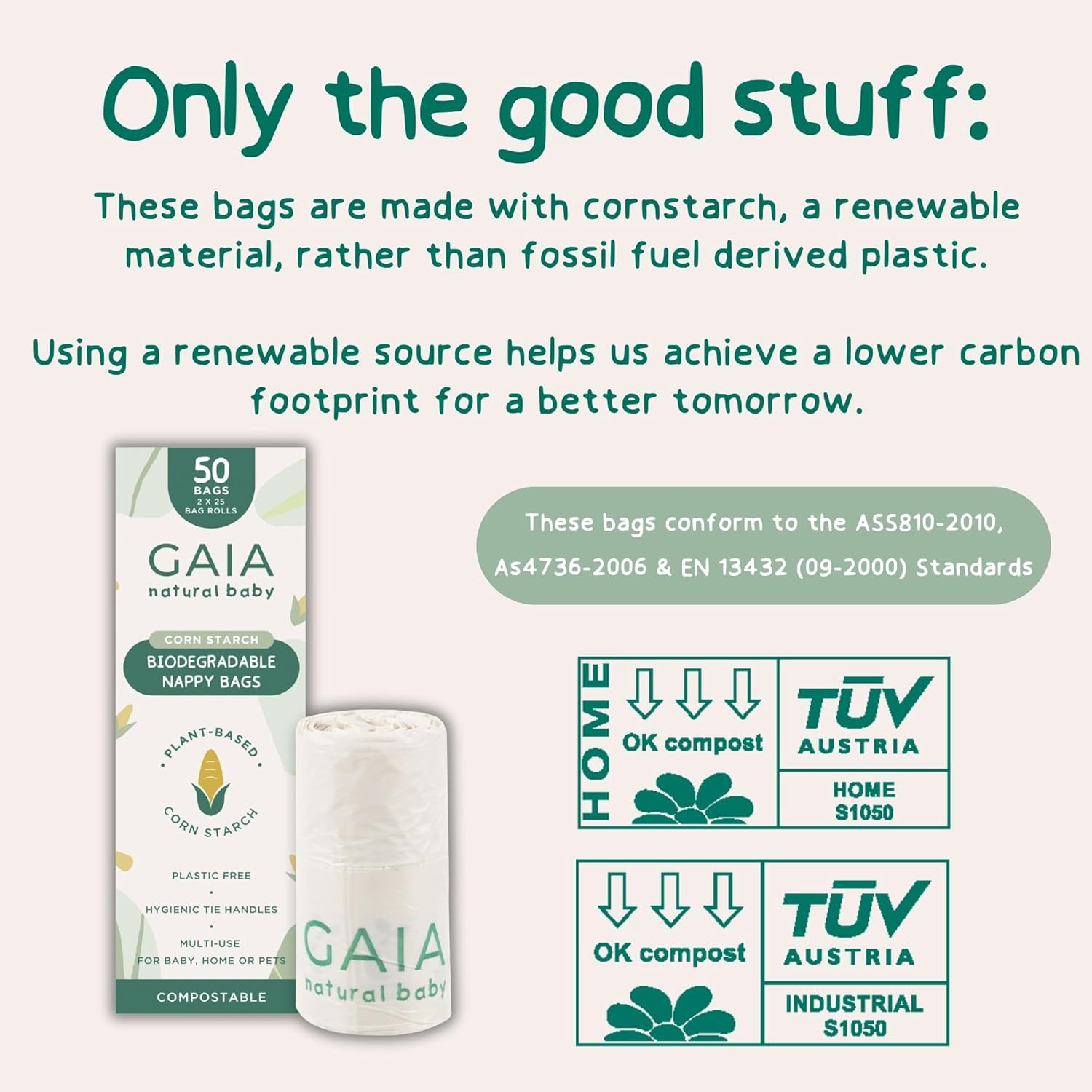 GAIA Natural Baby Biodegradable Nappy Bags | Plastic Free Cornstarch Bags | Easy‑Tie Handles | Hygienic Nappy Disposal | Eco‑Friendly & Compostable | Australian Brand | 50Pk image number 4