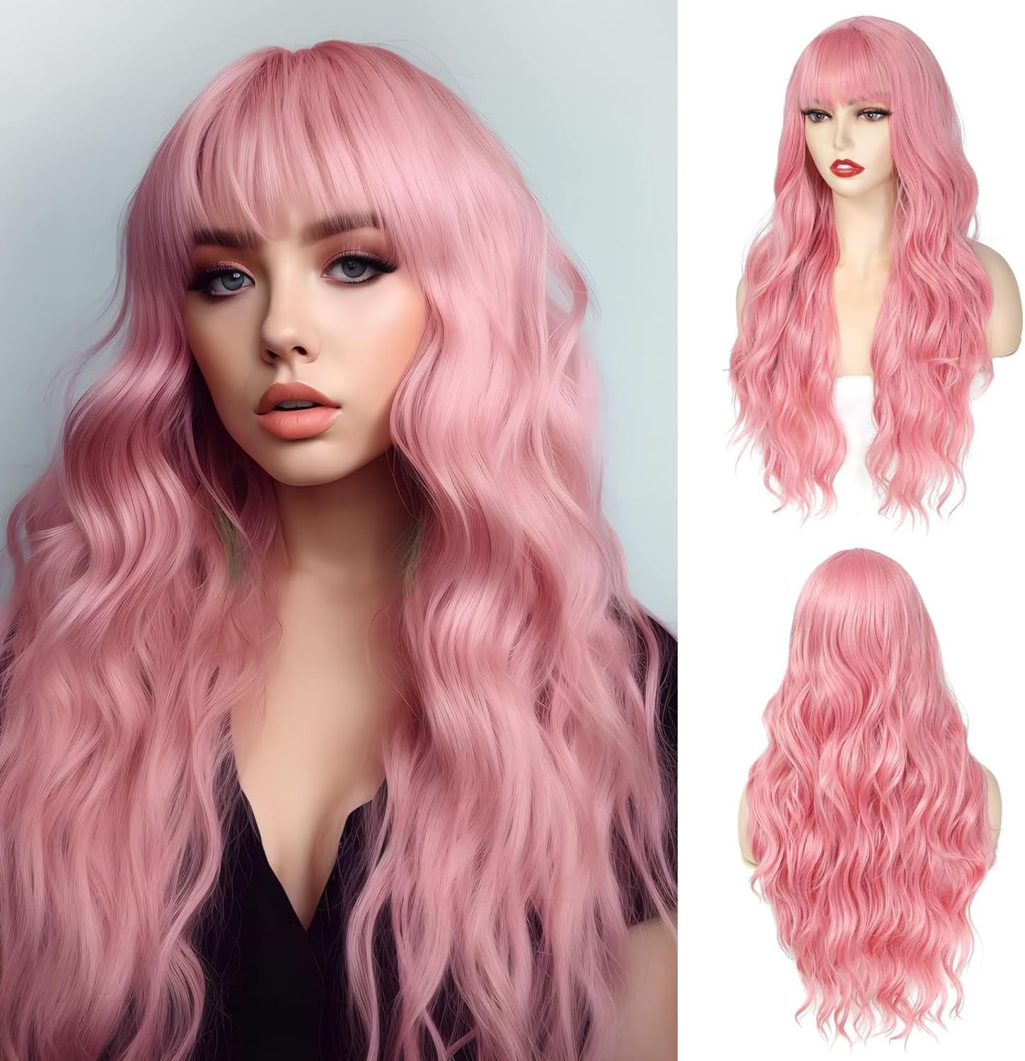 QAUARUMSUN Long Pink Straight Wig with Bangs Light 26 Inch Pink Wigs for Women Pastel Wig for Grils Charming Syntheticcosplay Wig for Party Halloween Daily