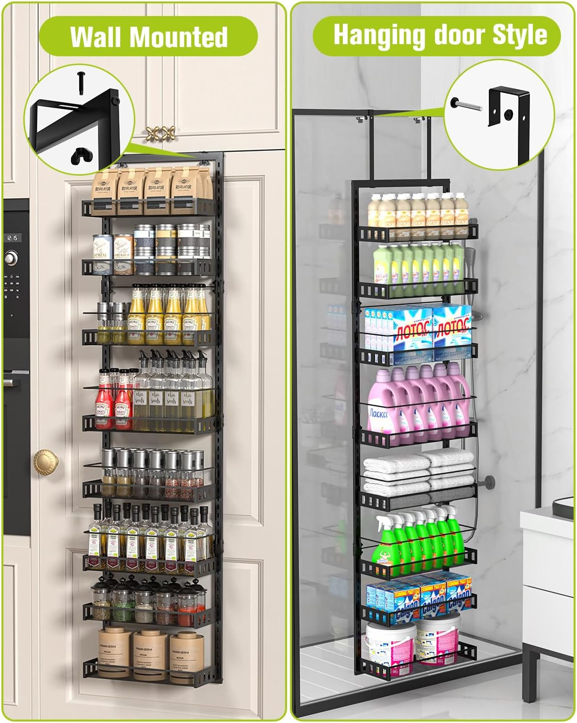 TOPWE over the Door Organizer, 8 Tiers Metal Hanging Door Storage, Adjustable Pantry Storage Organizer with Hook for Each Layer, Wall Mounted Pantry Organizers and Kitchen Door Spice Rack, Black - Black image number 5