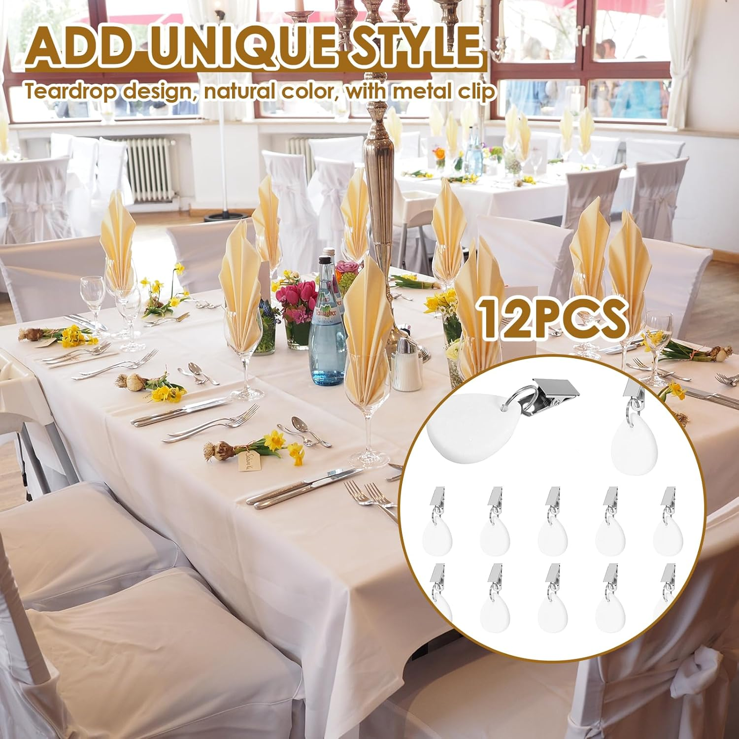 12 Pcs Tablecloth Weights with Stainless Steel Clips Water-Drop Tablecloth Weights Outdoor Tablecloth Weights Tablecloth Pendant to Hold Things down Tablecloth for Picnic Tables (White) - White image number 2