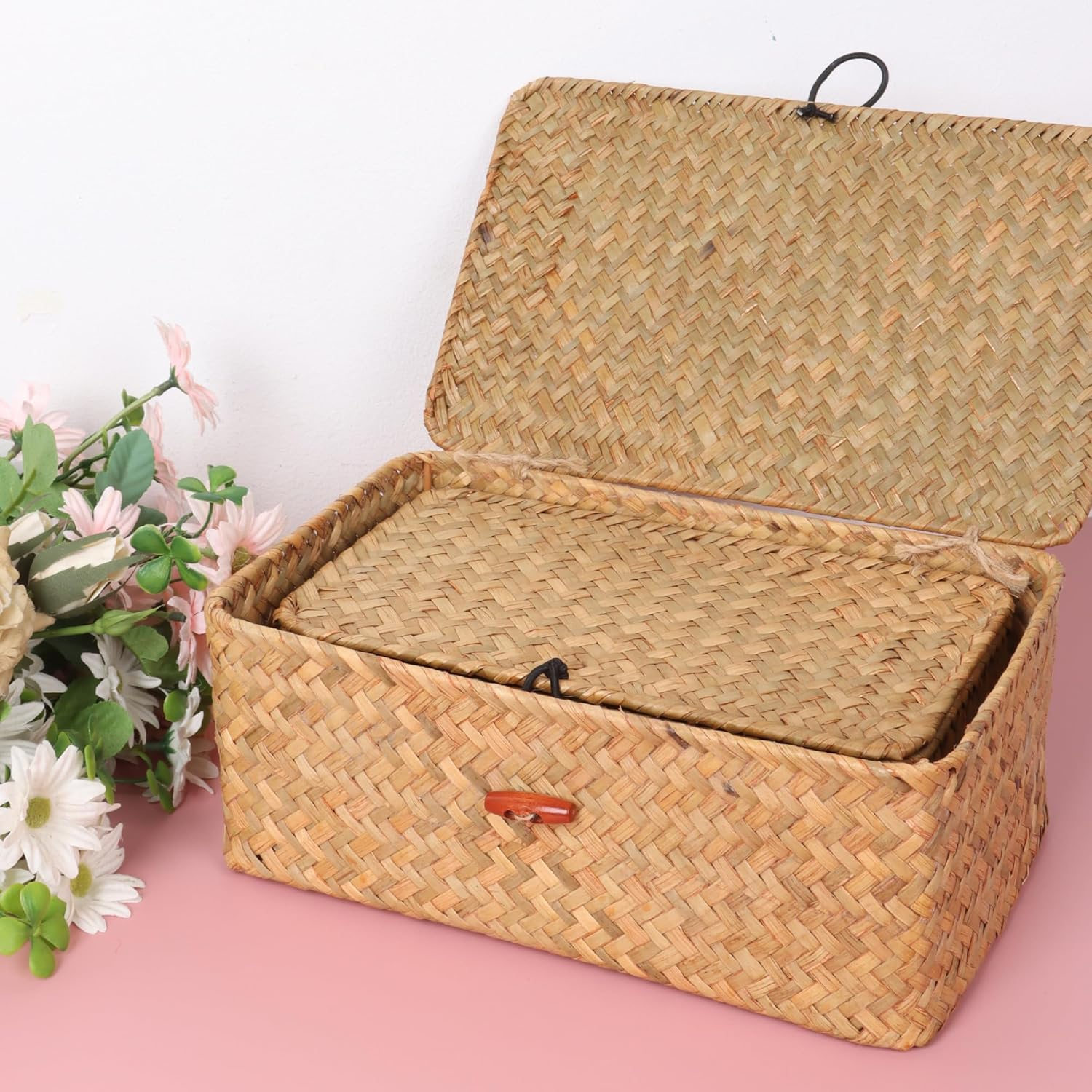 Wicker Shelf Baskets with Lid,Handwoven Seagrass Basket for Storage Basket Bins Rectangular Home Organizer Gift Boxes (Natural Large) image number 1