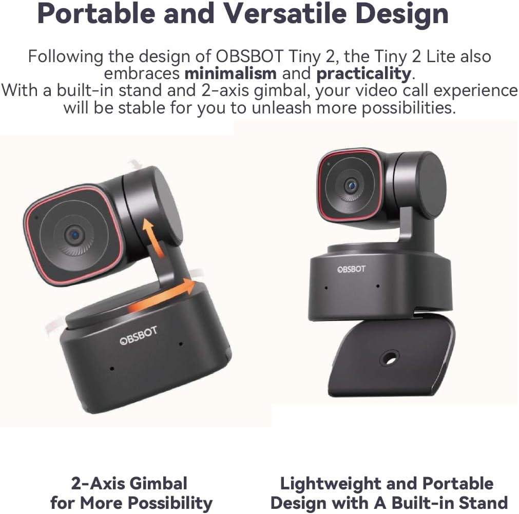 OBSBOT Tiny 2 Lite Ai-Powered 4K PTZ Webcam AI Auto Tracking Stunning UHD 4K Resolution 1/2&rdquo; CMOS Sensor 4X Digital Zoom with Auto Zoom Gesture Control 2.0, W Mini Tripod image number 2