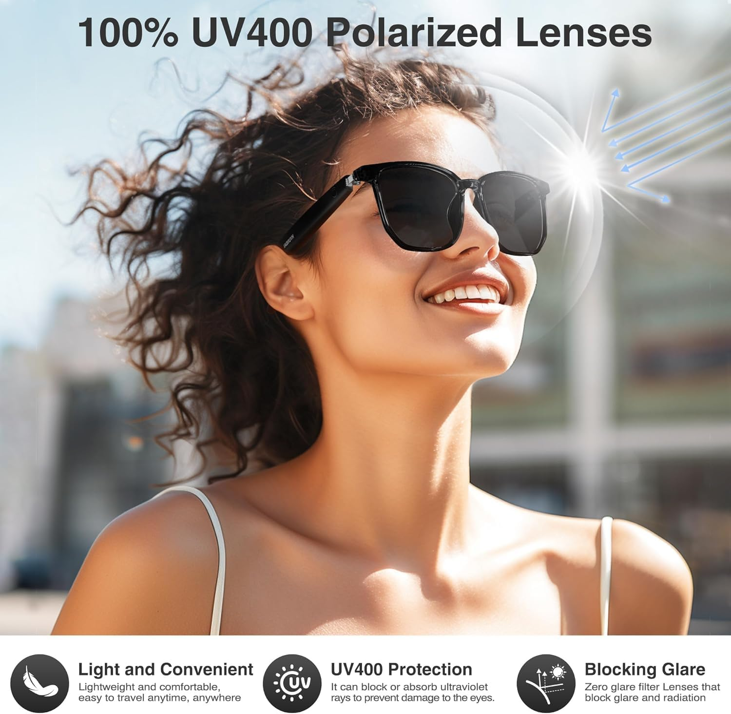 Smart Glasses with AI Assistant, Polarized UV Protection Lenses, Bluetooth Connectivity, Black