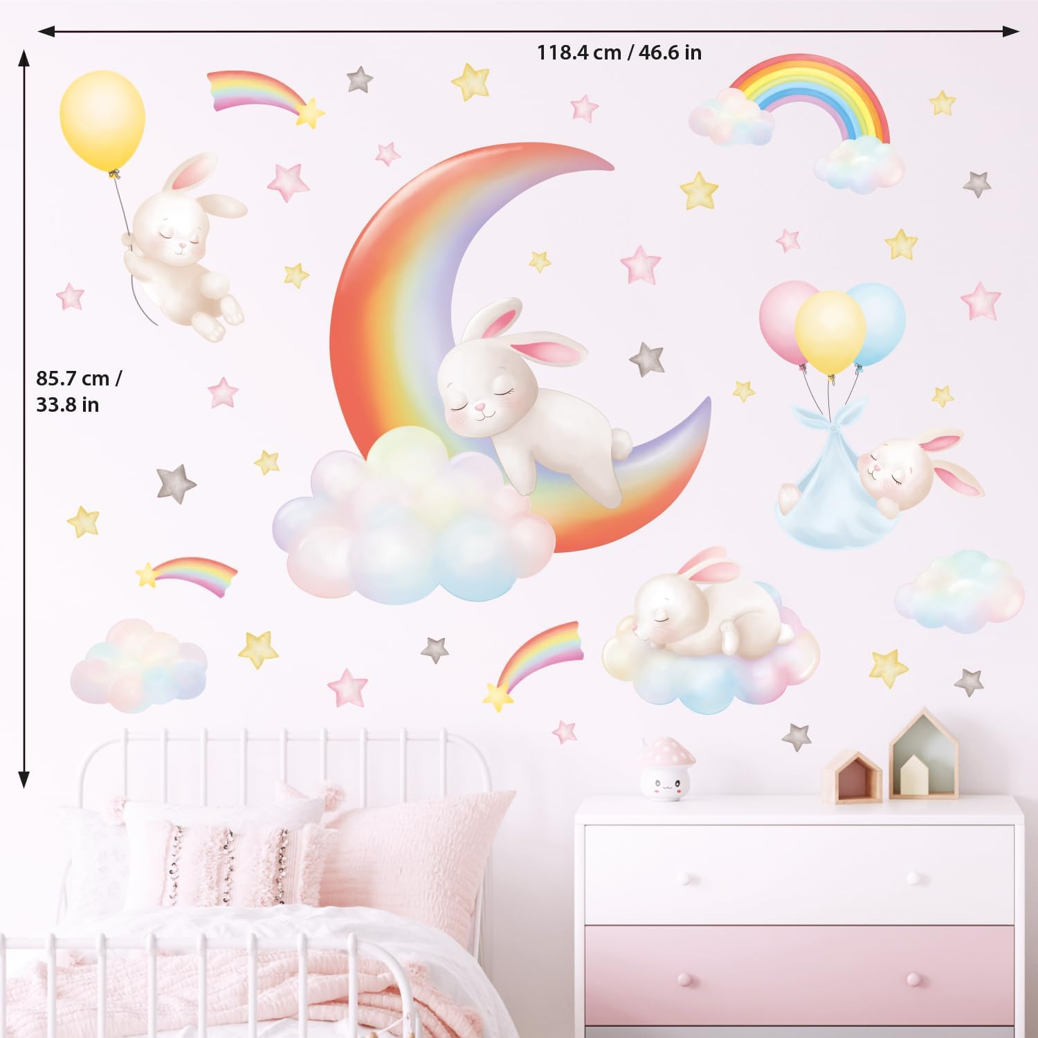 DECOWALL SG2-2313 Rainbow Moon Clouds and Rabbits Wall Stickers Decals Kids Dream Bedroom Star Room Nursery Girls Baby Decorations Girly Balloon Living Playroom