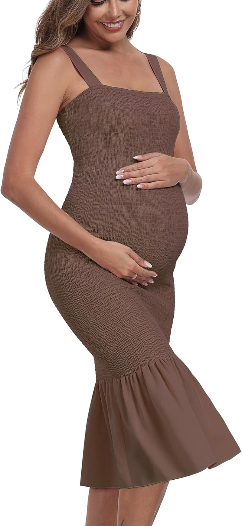Summer Tank Maternity Dress Sleeveless Strappy Midi Bodycon Square Neck Ruffle Mermaid Smocked Dress for Baby Shower