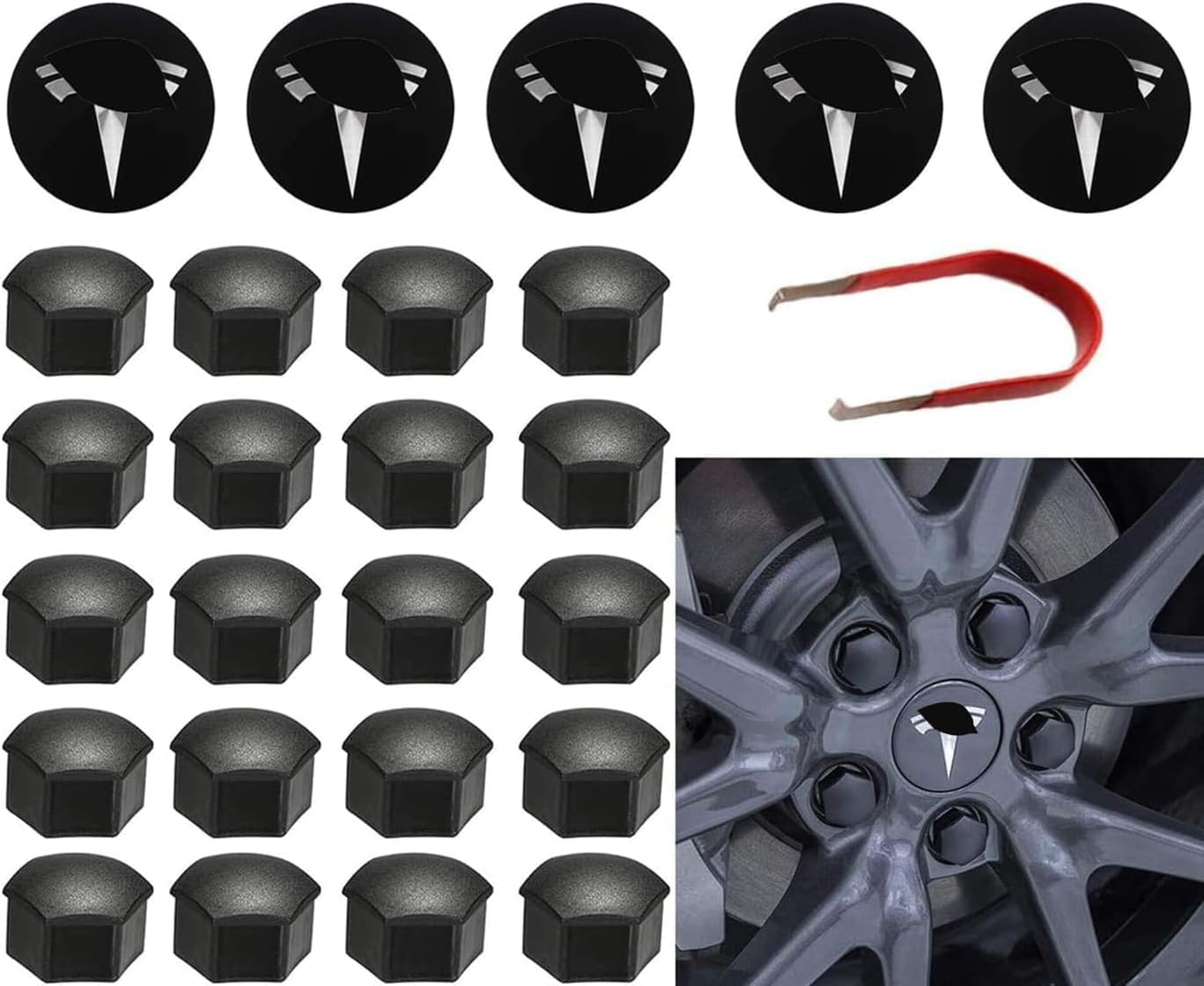 For Tesla Model 3 Y S X Wheel Cap Kit 4 Hub Center Cap + 20 Lug Nut Cover image number 4