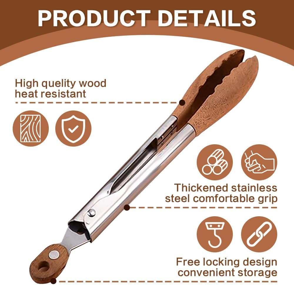 2 Pack Walnut Wooden Kitchen Tongs for Cooking with Wooden Tips - Tongs Ideal for BBQ, Salad, Toaster, Bread & Pickles - Made of Natural Walnut Wood(12 Inch) image number 2
