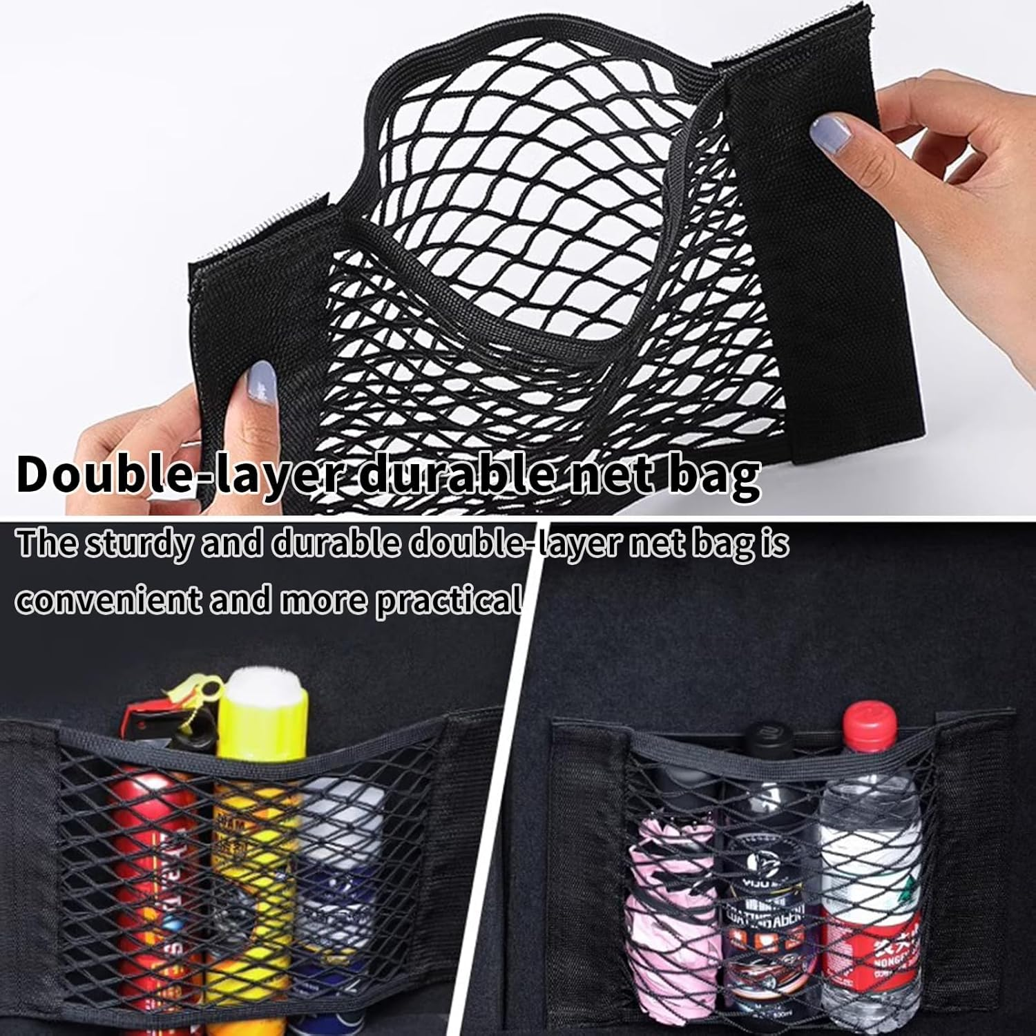 2 Pcs Black Magic Adhesive Mesh Cargo Net Elastic String Net Mesh Net Pouch, Car Boot Organiser Storage, Car Boot Van Storage Solutions Accessories for Storing Phone/Water Bottle/Toiletry image number 2