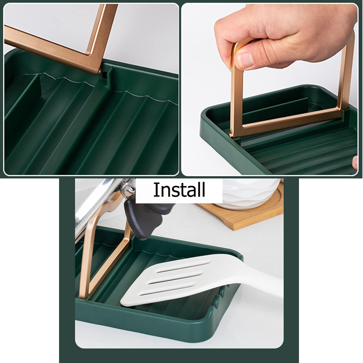 Spoon Rest with Pot Lid Holder for Kitchen Counter, Spatula Spoon Fork Holder for Cooking, Ladle Pot Lid Utensil Rest Kitchen Gadgets Accessories for Cooking (Grey) - Green image number 4