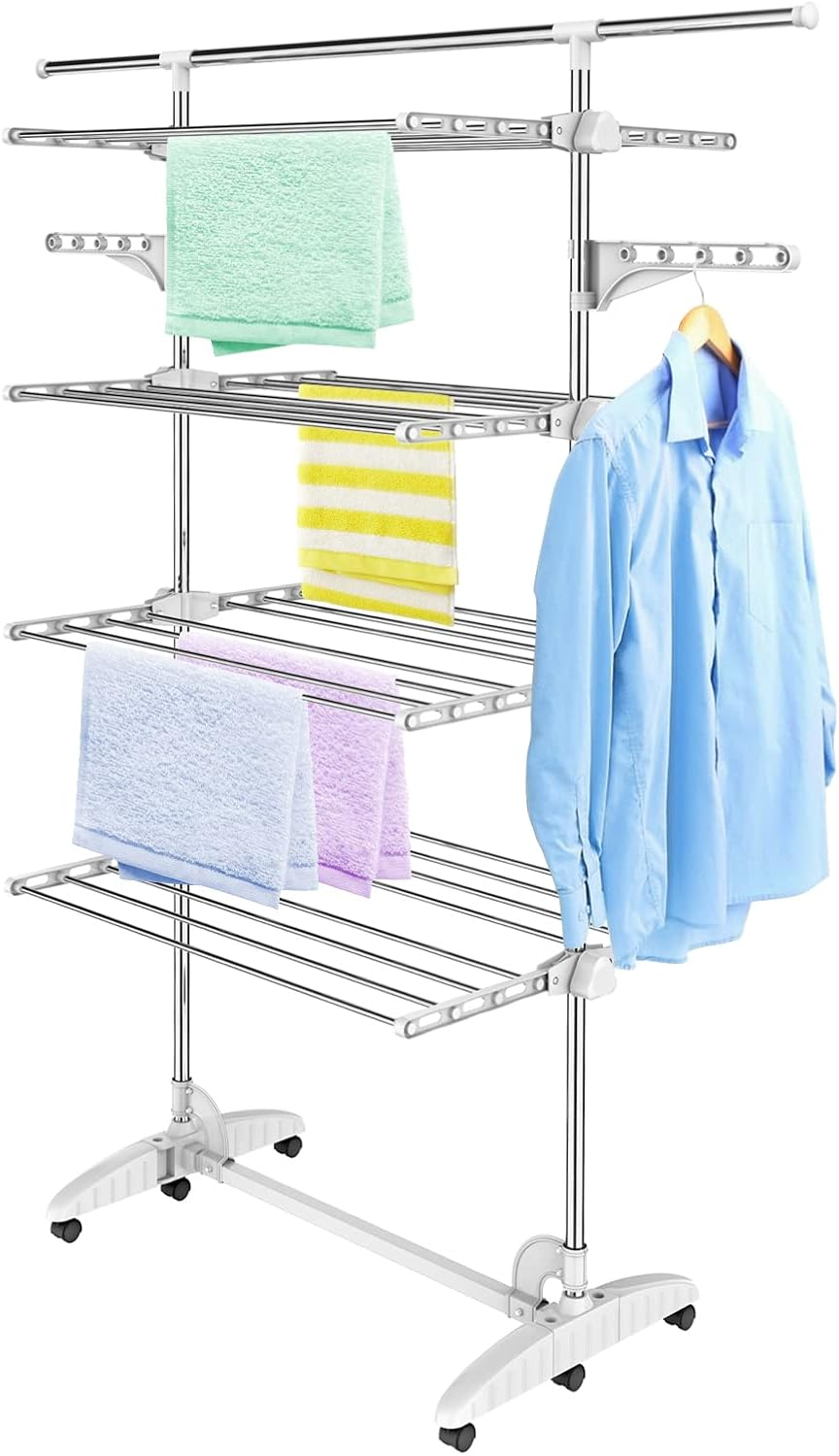 Todeco Clothes Drying Rack,4 Tier Foldable Laundry Drying Rack with Extended Top Bar,High Load Capacity Stainless Steel Space-Saving Clothes Airer with 2 Extra Adjustable Dry Rail Hanger,W/6 Casters