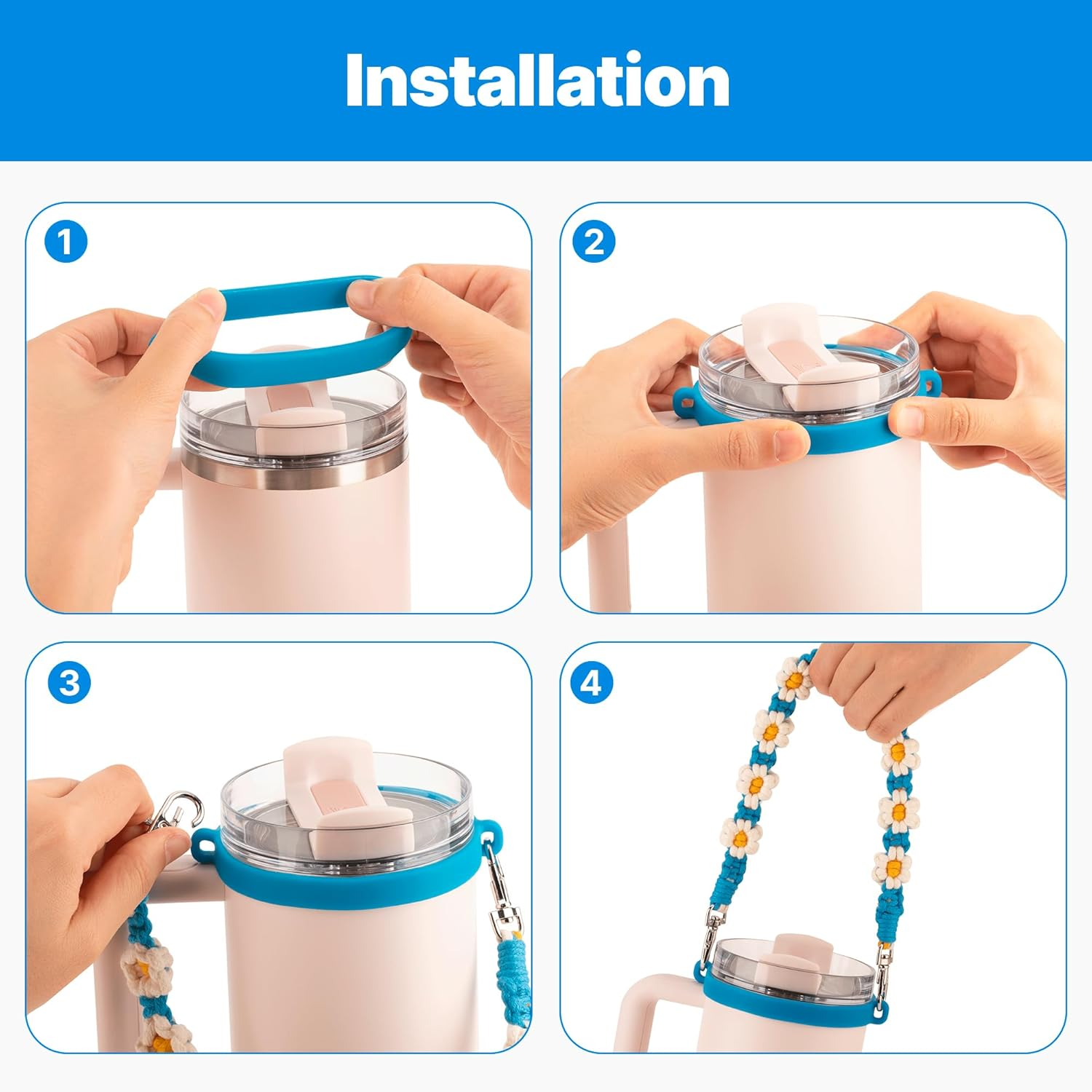 Bluwing Water Bottle Handle with Strap Compatible with Owala, Stanley Cup, Hydro Flask - Fits Most 12-40Oz Bottles - Christmas Daisy Green image number 3