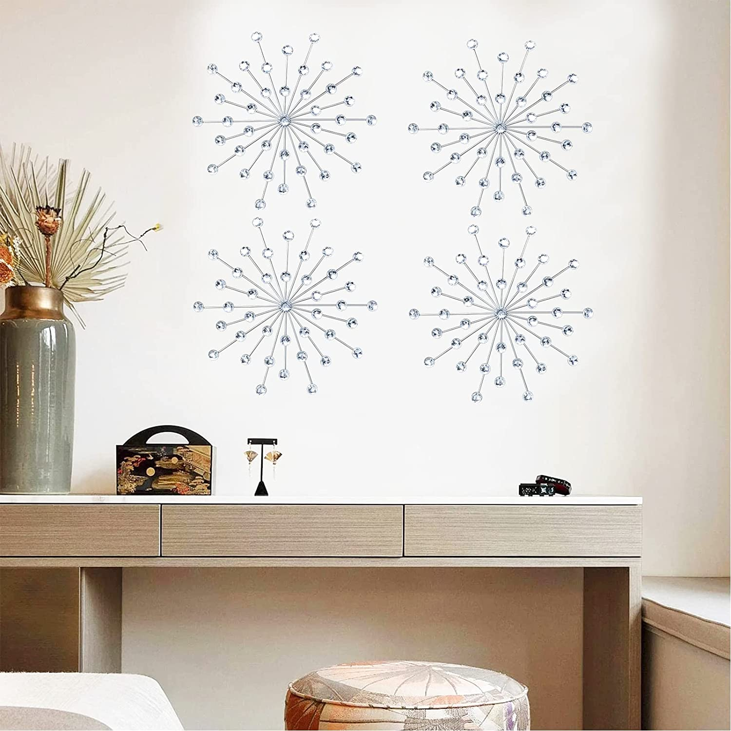 ZEXUIRU 3 Set Silver Metal Jeweled Wall Art Bling Crystal Home D&eacute;cor Starburst Rhinestone Wall Hanging Diamond Accents image number 5