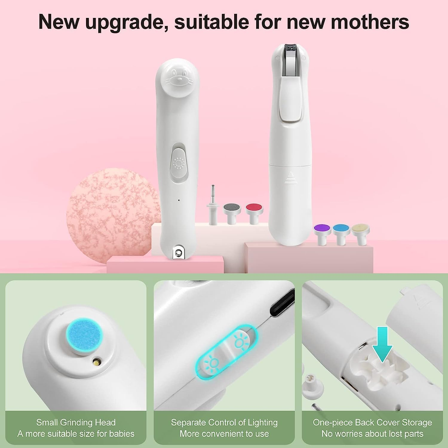 Baby Nail File Electric Nail Trimmer, 2 In1 Rechargeable Baby Nail Clipper Baby Nail File Set with LED Light & 6 Grinding Heads, Care Trim Polish Toes and Fingernail Grooming Manicure Kit for Newborn, Toddler, Kids, Infant (White - 2) image number 2