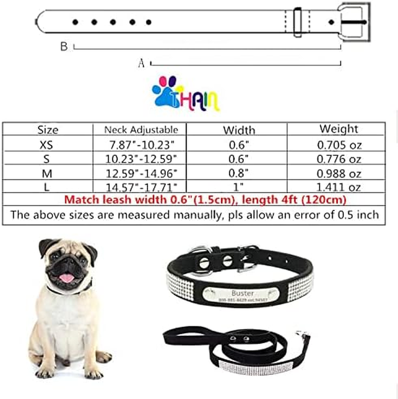 THAIN Rhinestones Personalized Dog Cat Collar and Leash Combo Set Bling Diamond with Engraved Stainless Steel Nameplate for Small Medium Large Dogs (M(Neck 12.59"-14.96"), Black Set) image number 5