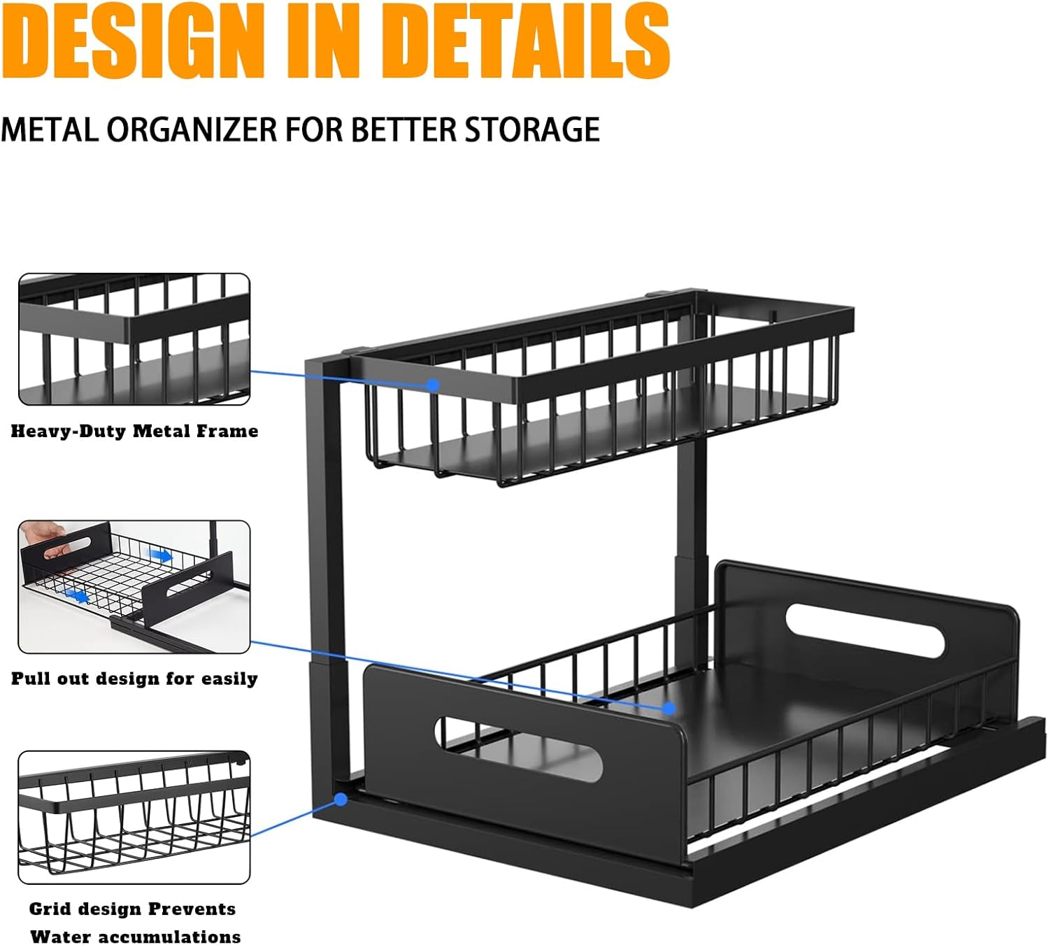 DEVA 2 Pack under Sink Organiser, High Duty Metal under Sink Organizer and Storage & 2 Tiers Pull-Out Drawers, Kitchen Sink Organiser for Kitchen Bathroom Pantry Laundry (Black) - Black image number 2