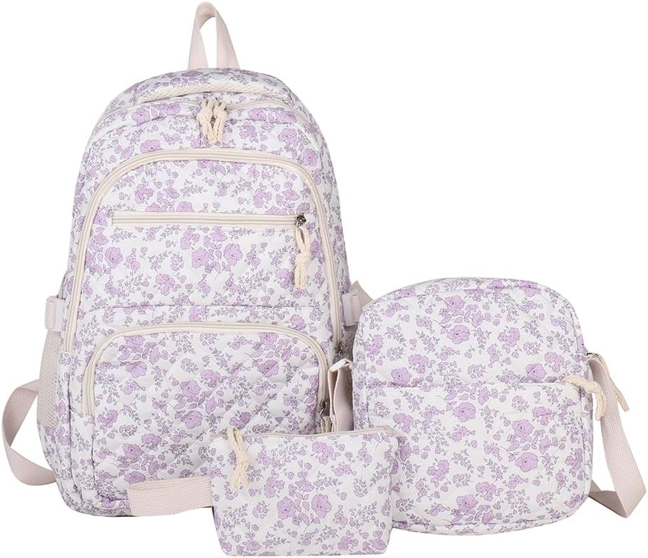 Coquette Backpack &ndash; 3-In-1 Floral Quilted Daypack Set, Aesthetic Nylon Rucksack with Crossbody Bag 2025