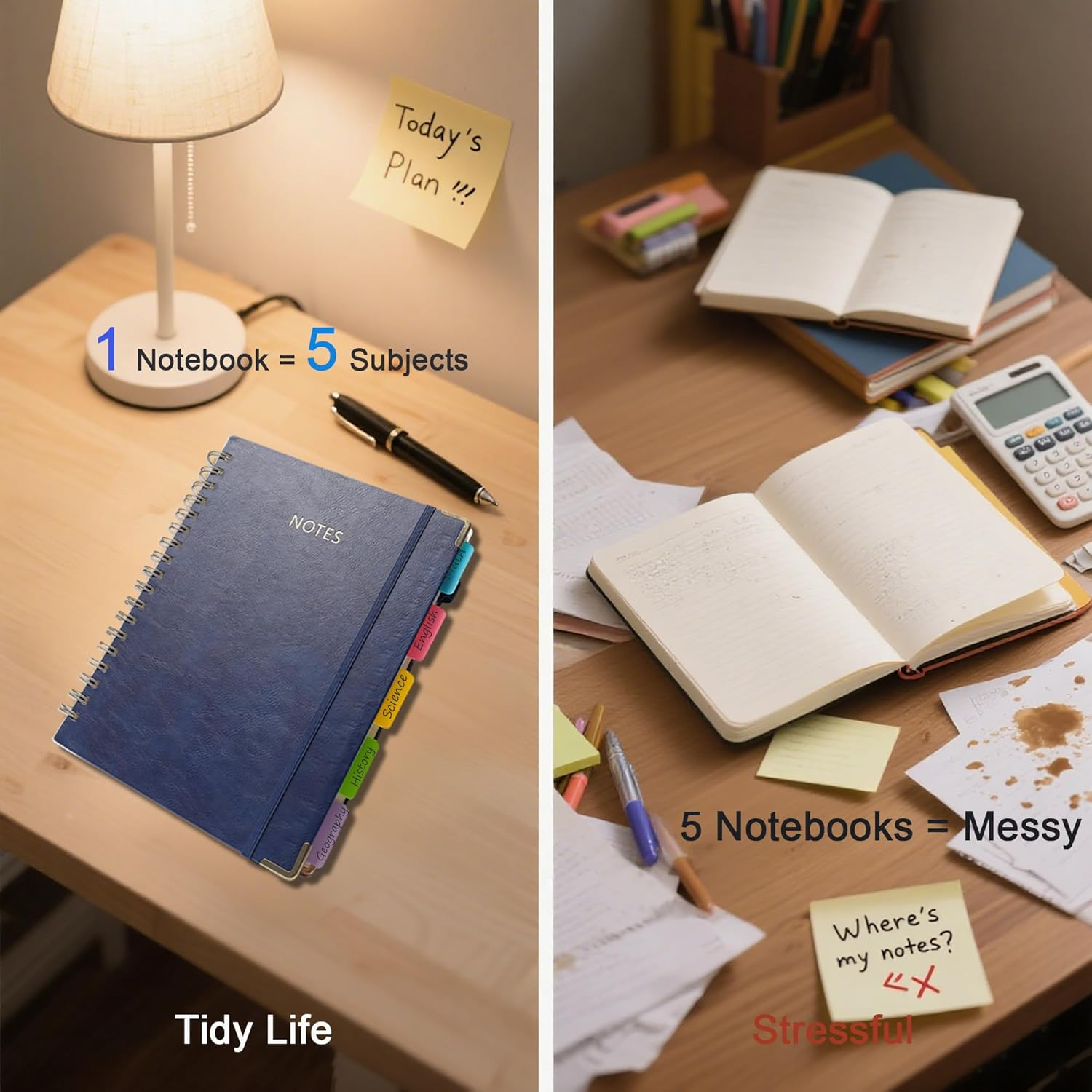 Gemuity Hardcover Spiral Notebook &ndash; 300 Pages with Removable Divider Tabs, 5 - Subject Lined Journal, 186Mm&times;248Mm for Work/School Black image number 1