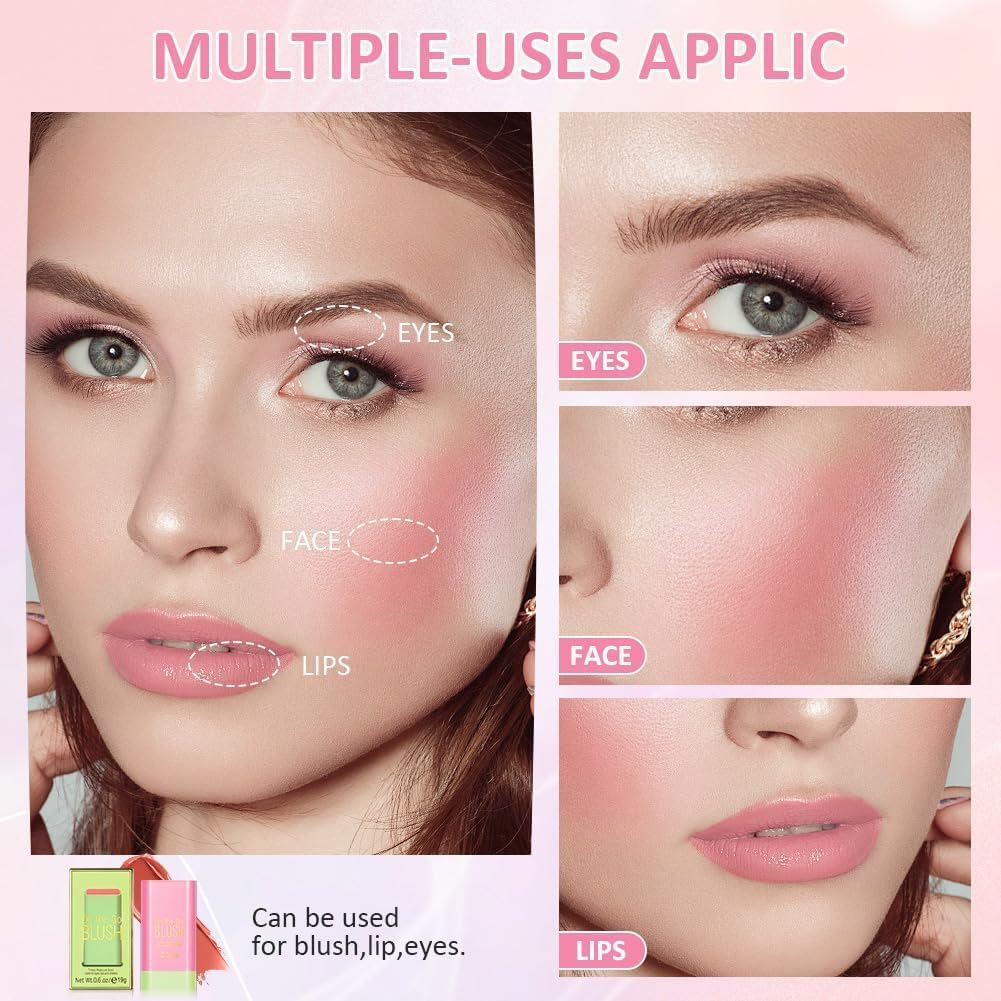 Multi-Use Makeup Blush Stick, Cream Blush, Tinted Solid Moisturizer Stick for Cheek & Eyes & Lips, Waterproof Natural Nude Makeup, Suitable for All Skin (3#Pink, 1 Count)