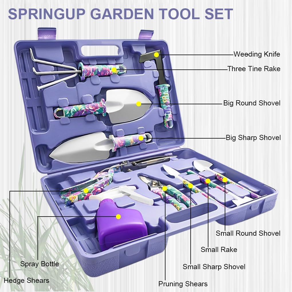Springup Garden Tools Set, 10 Pieces Gardening Gifts Stainless Steel with Storage Case with Garden Trowel Pruners, Rake, Shovel, Trowel, Sprayer, and More -Garden Gifts for Men & Women (Purple) image number 1