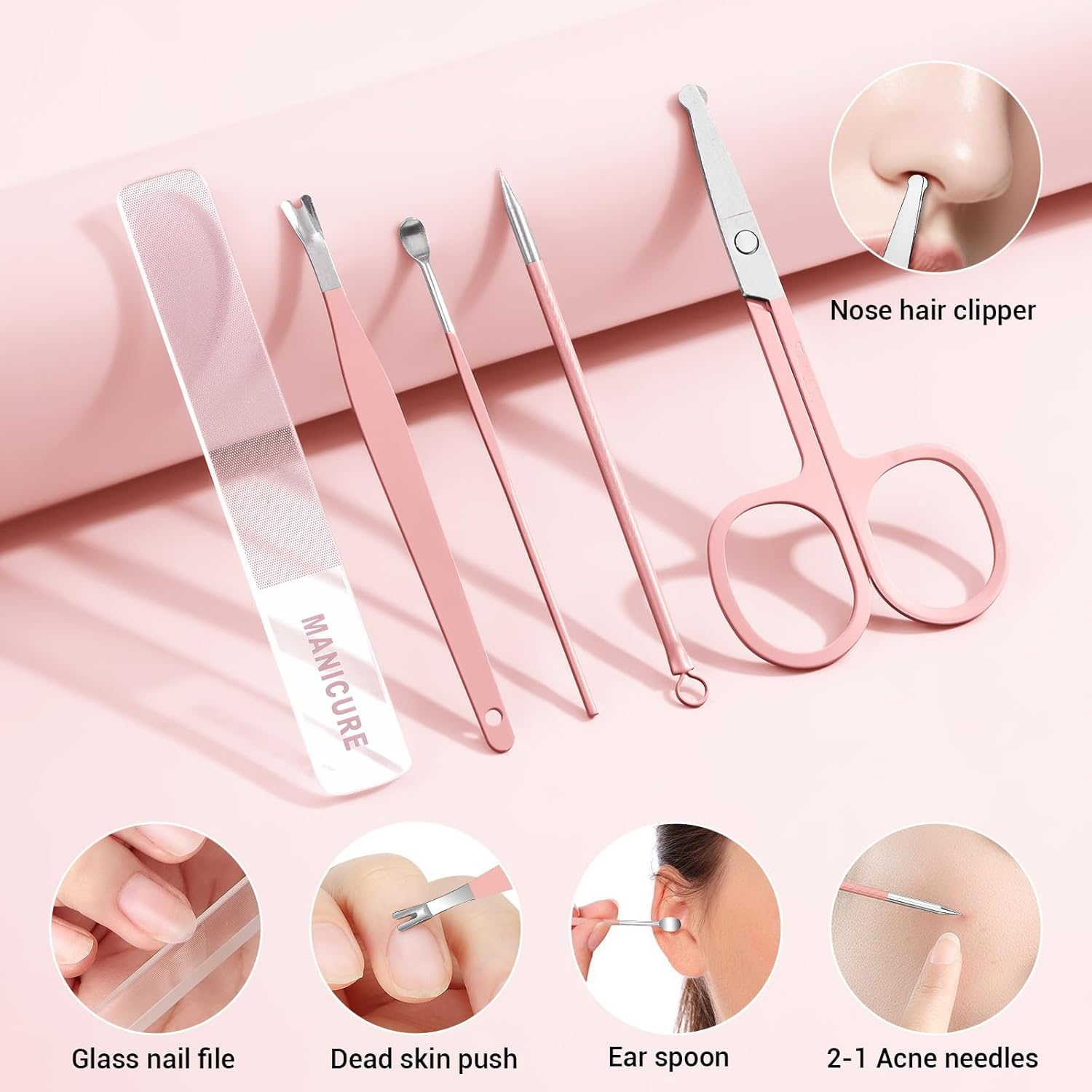 Nail Clipper Set,8-In-1 Nail Kit,Stainless Steel Manicure Set,Tweezers and Nail File Kit Travel Portable, Nail File Nail Cutter Set for Men/Women (Pink) image number 5