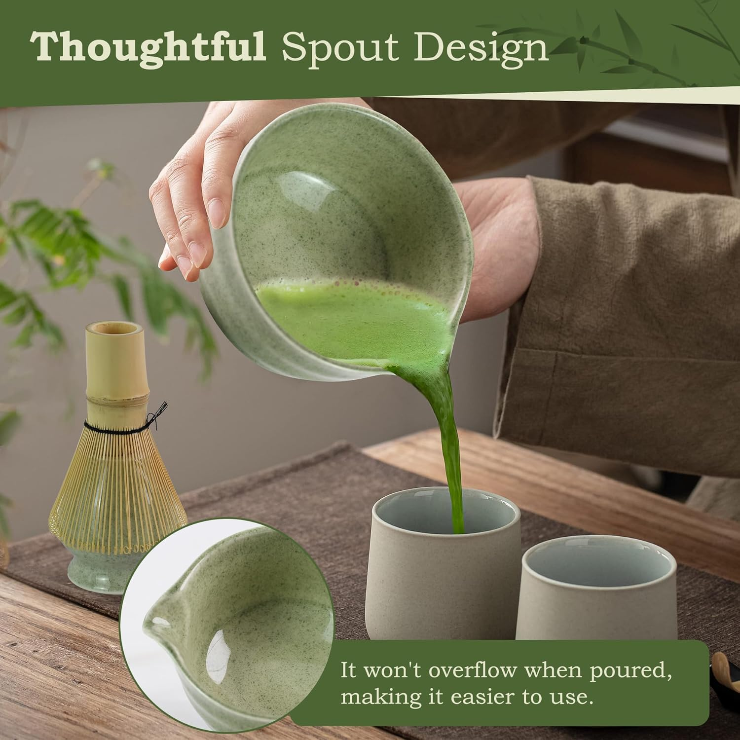 Myrthra 5PCS Matcha Whisk Set, Matcha Bowl with Spout, Bamboo Whisk, Bamboo Scoop, Ceramic Holder and Stainless Sifter for Tea Matcha Lover (Jade) image number 3