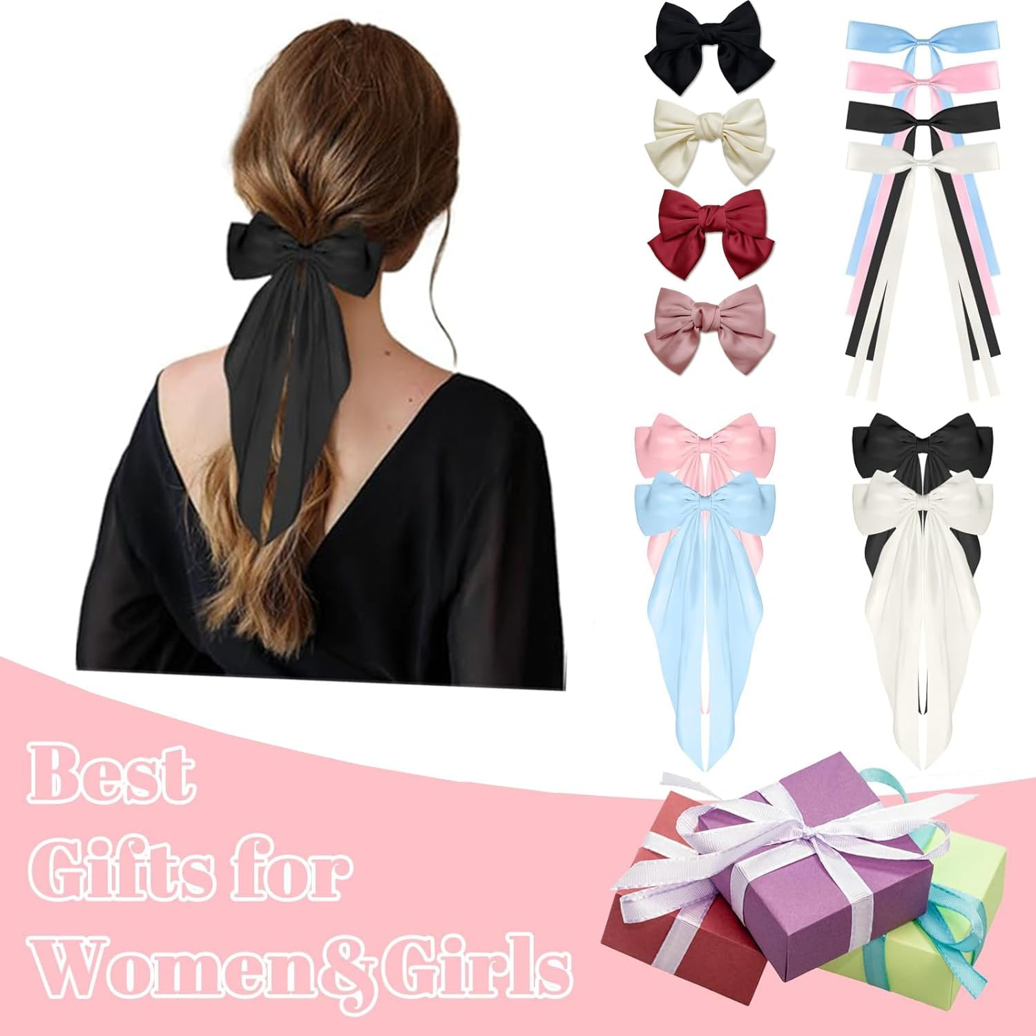 12Pcs Big Bow Barrettes with Long Silky Satin Tail, Large Hair Bow Clips for Women, Girls, Adult Teens - Hair Accessories