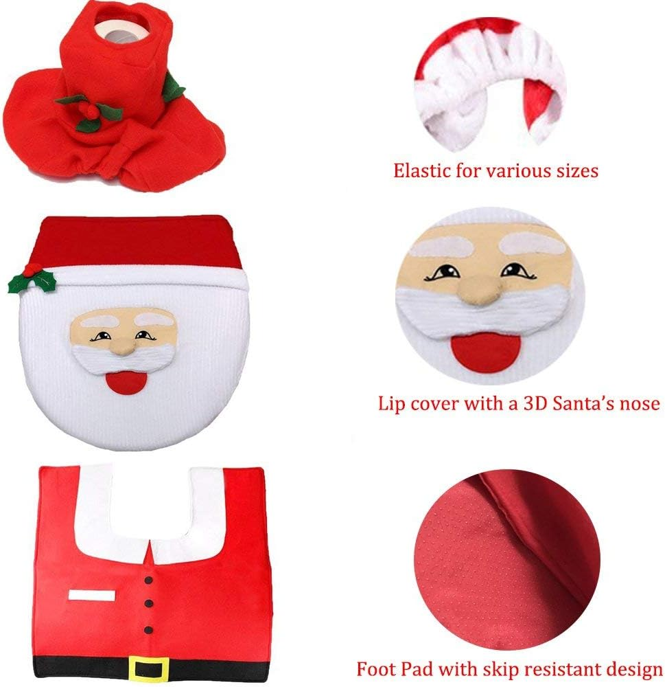 Toilet Seat Cover and Rug Set with 3D Nose Santa Claus Tank Lid Cover, Floor Rug Mat and Tissue Box Cover for Christmas Bathroom Decoration - Set of 3