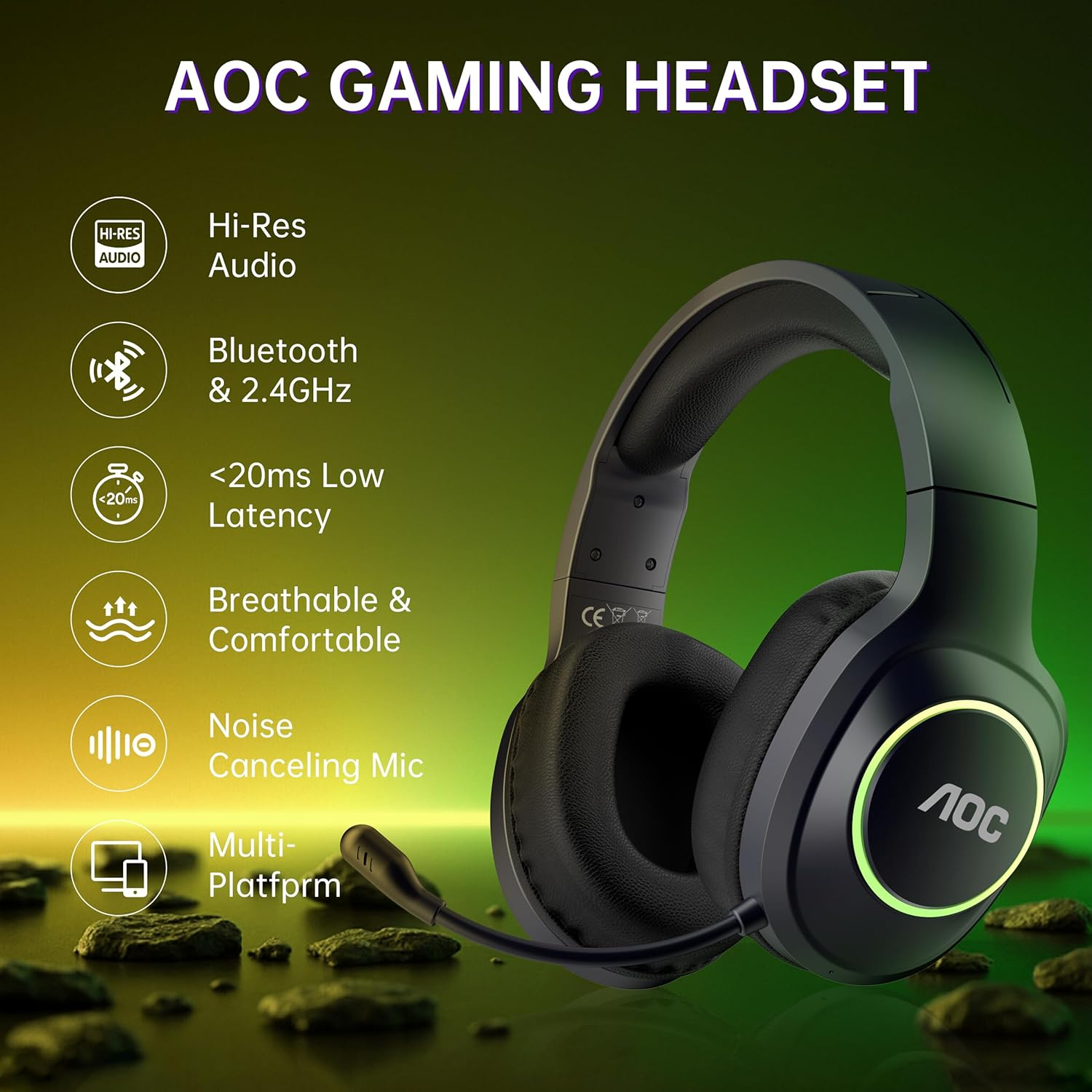 AOC Wireless Gaming Headphones with Bluetooth 5.4 & USB-C for PS5/4, Nintendo Switch, PC, Laptop, 2.4Ghz Gaming Headset with Mic, 20Ms Latency, 45H Playtime, 7.1 Virtual Surround- Glossy Black image number 6