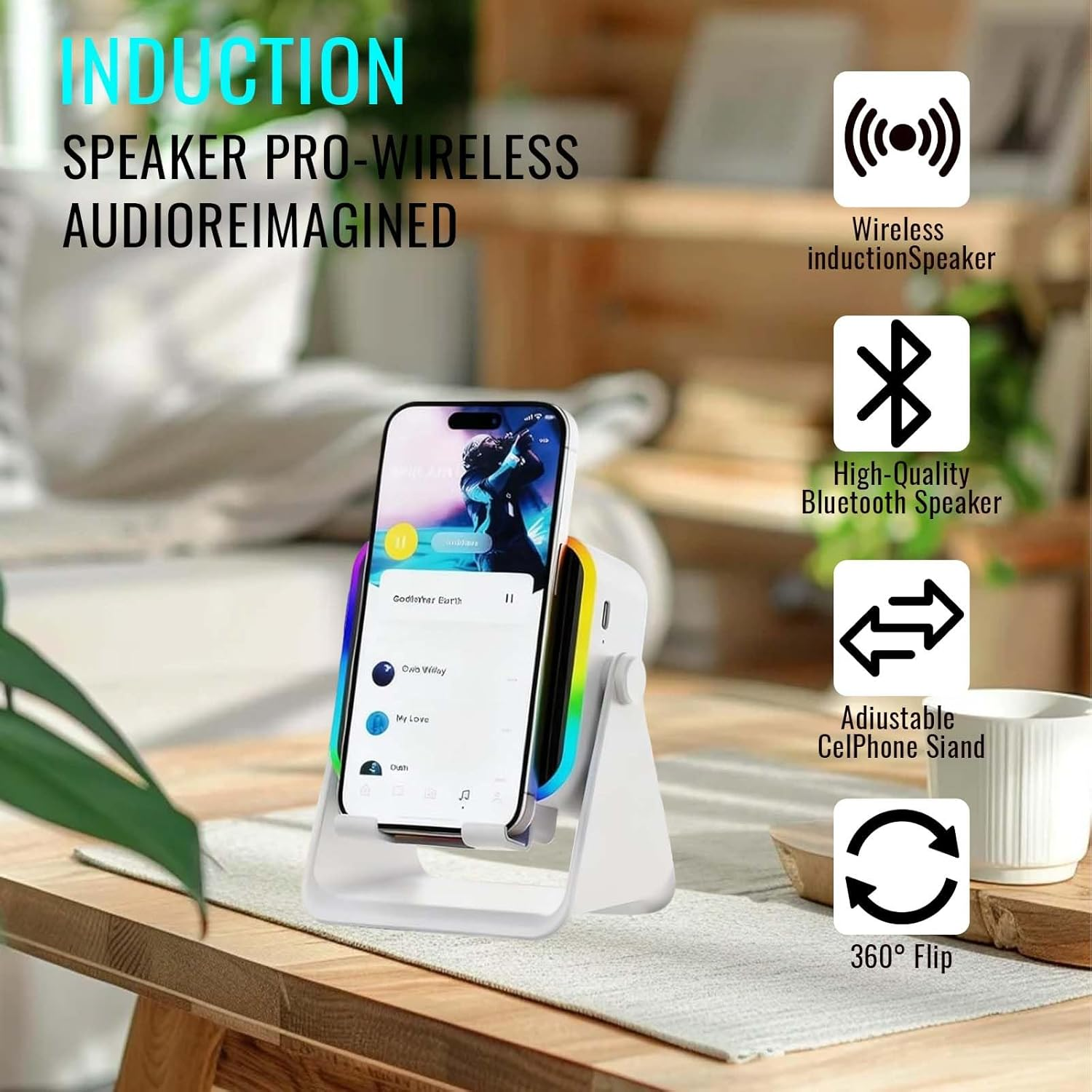 TKTCO 5-In-1 Wireless Induction Bluetooth Speaker with Adjustable Phone Stand with 8 RGB Ambient Light, Universal for Phone/Pad - Home/Office Leisure Audio Player (White) - White image number 4