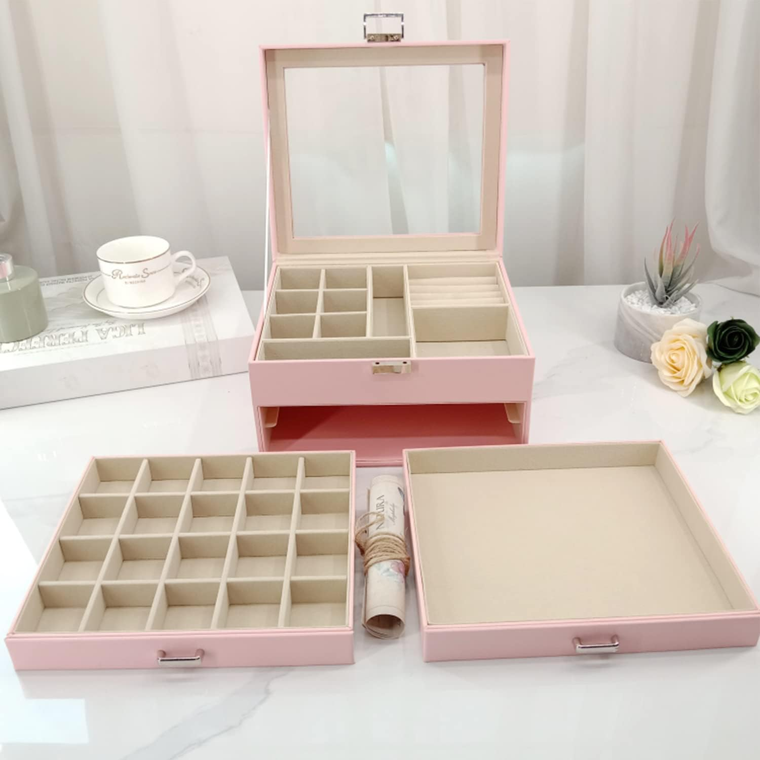 Jewelry Box with Glass Lid, 3-Layer Jewelry Organizer with 2 Drawers for Loved Ones Gifts, Pink