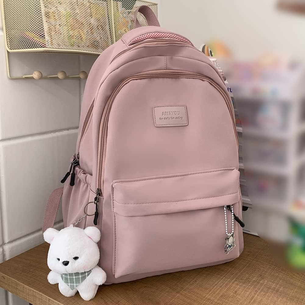 ALINUOYQ Student Schoolbag Large Capacity Ladies Bookbag with Cute Pendant Simple Adjustable Strap Fashion for Teenage Girls image number 4