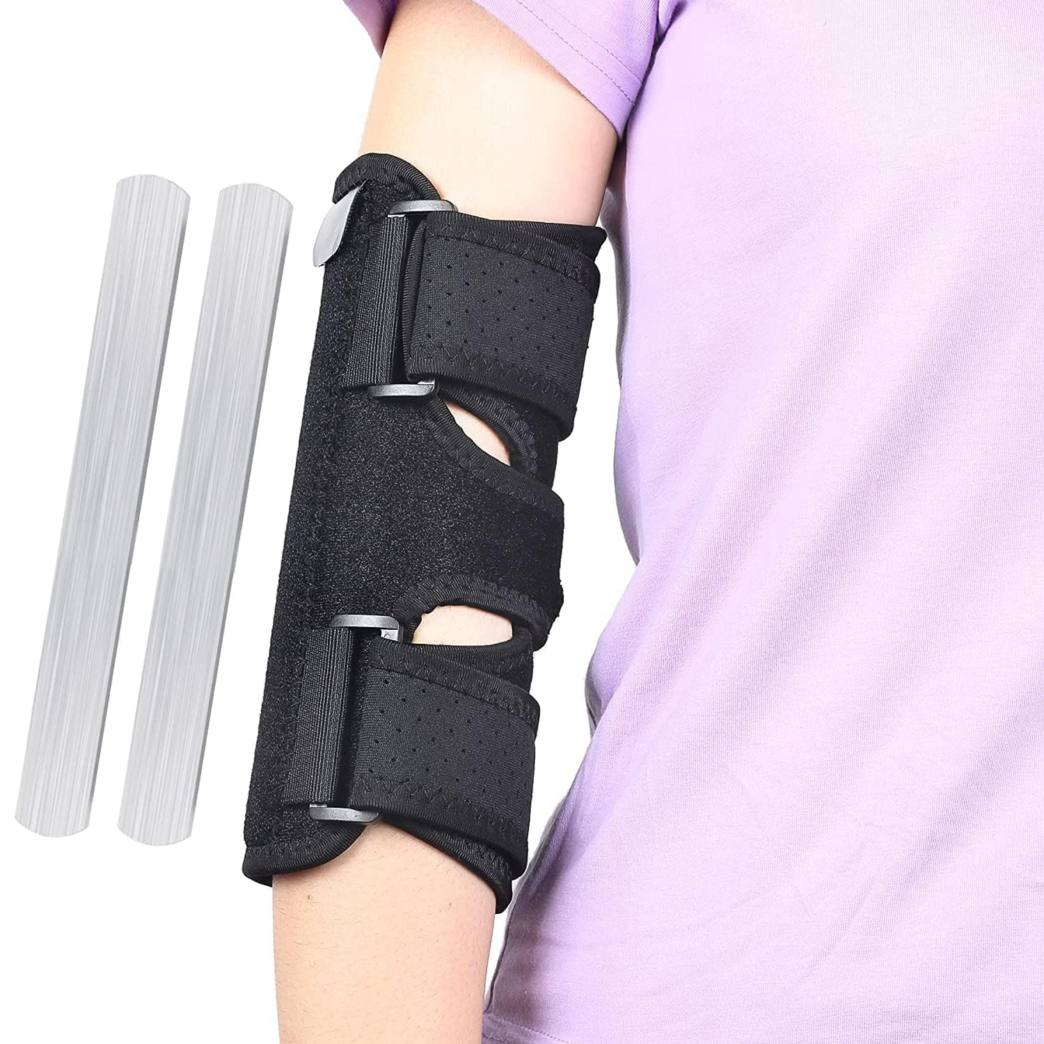 Two-Way Use Elbow Brace & Elbow Splint, Night Elbow Sleep Support, Adjustable Tendonitis Elbow Arm Brace for Ulnar Nerve Entrapment, Cubital Tunnel Syndrome, Golfers, Tennis Men & Women (Black, One Size)