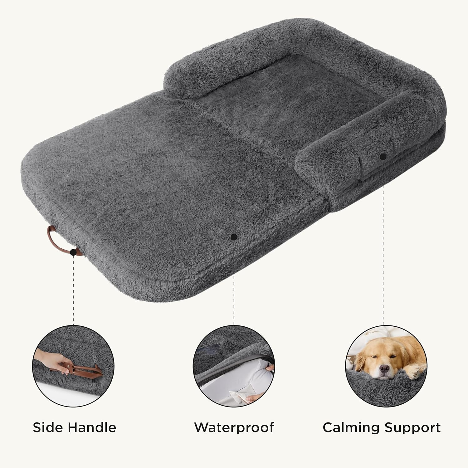 Foldable Human Dog Bed for People Adults, 2 in 1 Calming Human Size Giant Dog Bed Fits Pet Families with Egg Foam Supportive Mat and Waterproof Liner, Faux Fur Orthopedic Dog Sofa, Dark Grey image number 1