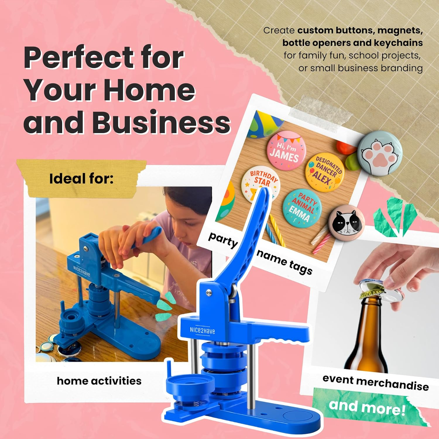 Nice2Have Button Maker Machine Multiple Sizes 25-32-58Mm - (500 Buttons,15 Bottle Openers,15 Fridge Magnets,15 Keychain Buttons, 500+ Free Designs,3 Circle Cutters) - Pin Maker Machine - Blue - Multi Mold image number 4