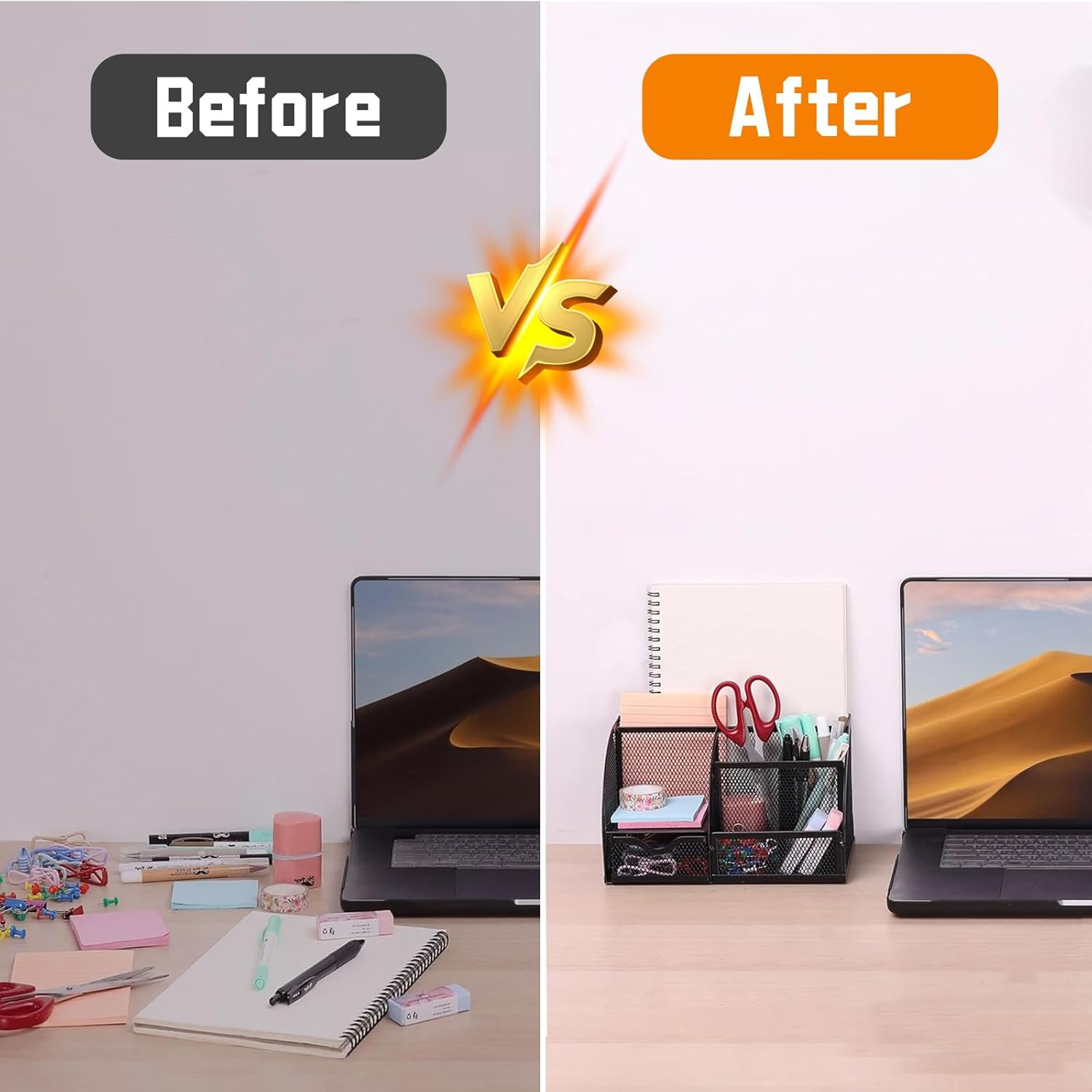 Mesh Desk Organiser with 6 Compartments and 1 Sliding Drawer, Multi-Functional Office Tidy Accessories, Metal Stationary Storage Pen Holder for Home, School, Pencil, Key, Scissors, Paper Clip (Black)