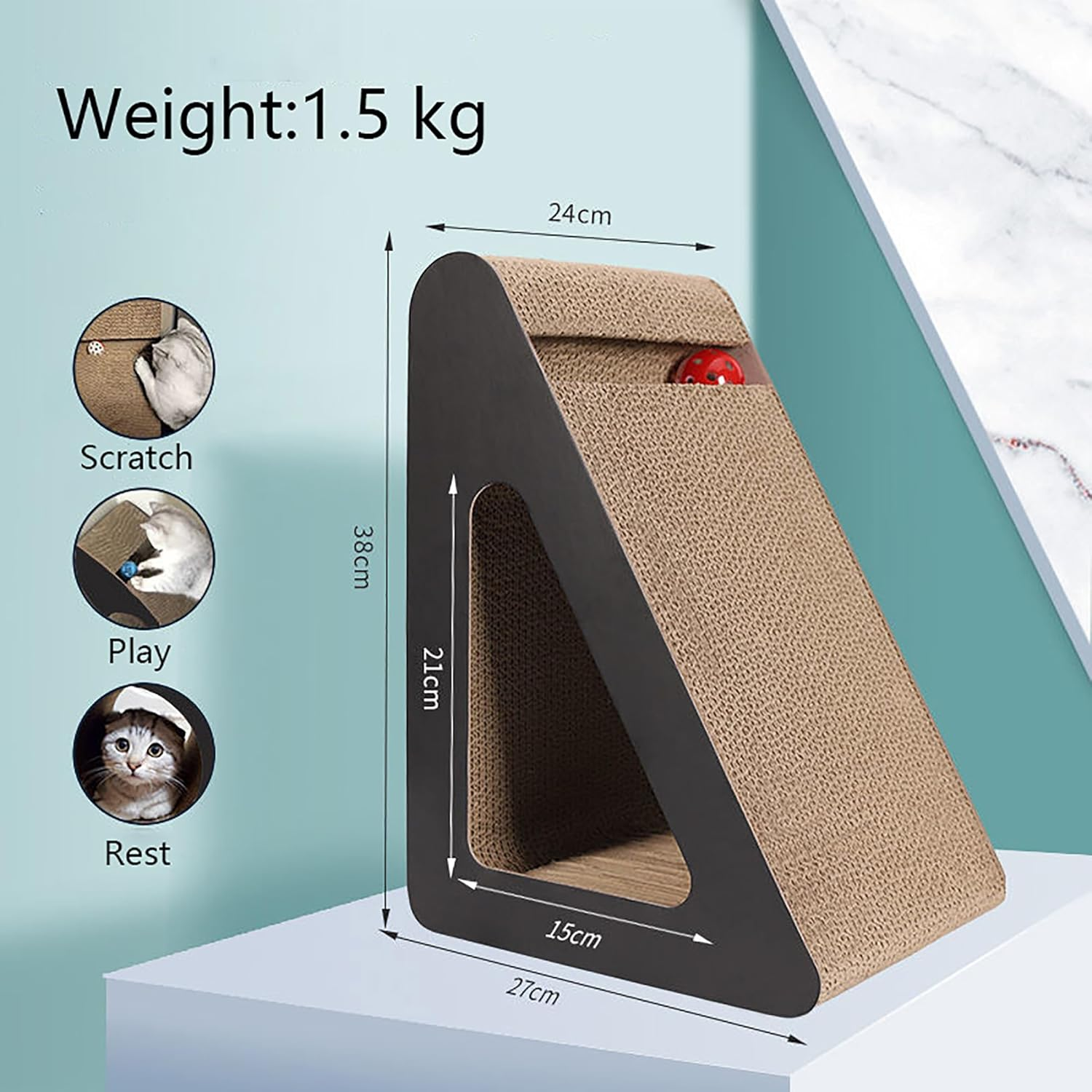 Triangle Cat Scratcher Lounge with Interactive Ball, Reversible Scratching Pad & Resting Bed for Indoor Cats, 38Cm Large Corrugated Cardboard Toy image number 1