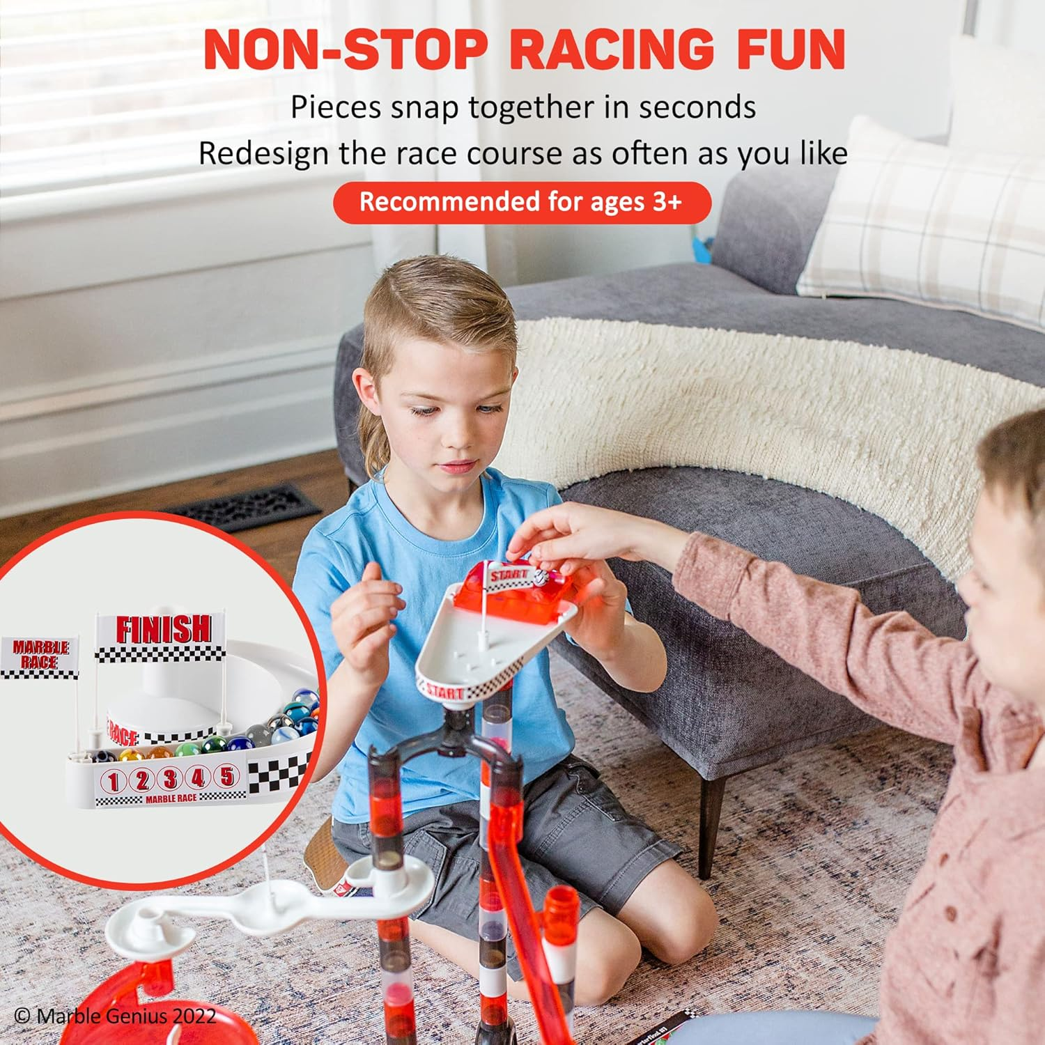 Marble Genius Marble Run Racing Set (125 Pieces) with Designer Marbles, Racing Action Pieces, & Tournament Board image number 5