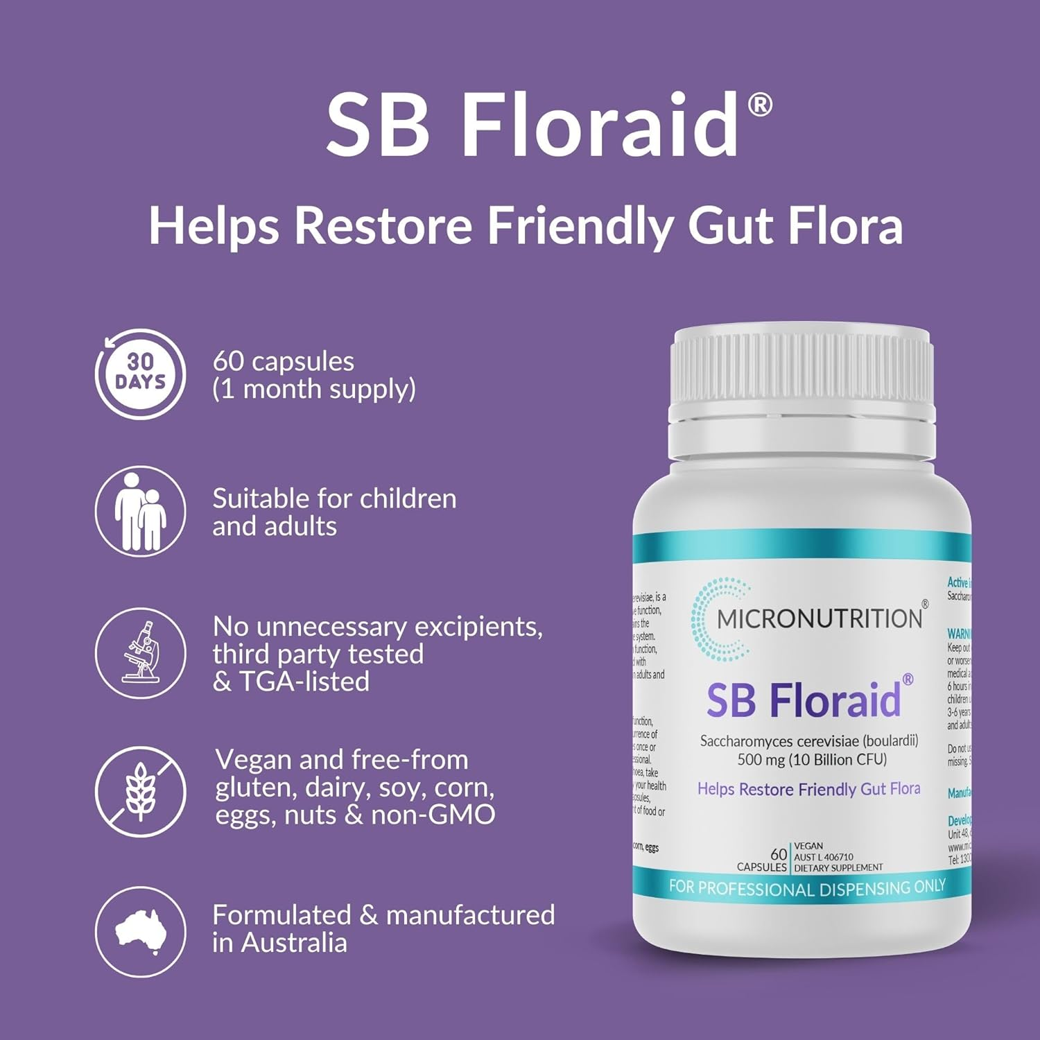 Saccharomyces Cerevisiae (Boulardii) 10 Billion CFU per Serving SB Floraid | Oral Probiotic Yeast Supplement Restores Good Gut Bacteria & Relieves Traveller'S Diarrhoea (60 Veg Caps) - MICRONUTRITION