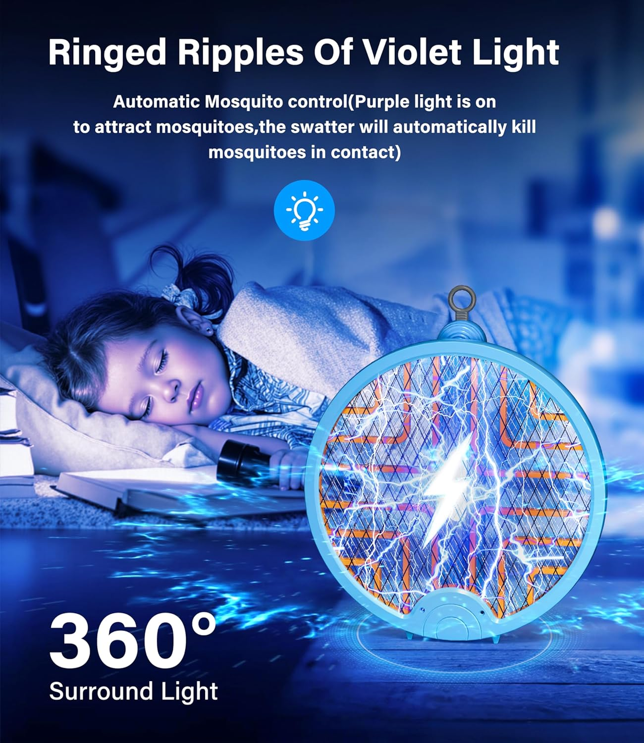 Mosquito Zapper Electric Fly Swatter - Bug Zapper Fly Swatter Racket, 2IN1 Foldable Mosquito Trap Fly Killer, 4000V Mosquito Repellent with 3-Mode USB Rechargeable for Indoor Outdoor, Garden&Camping image number 5