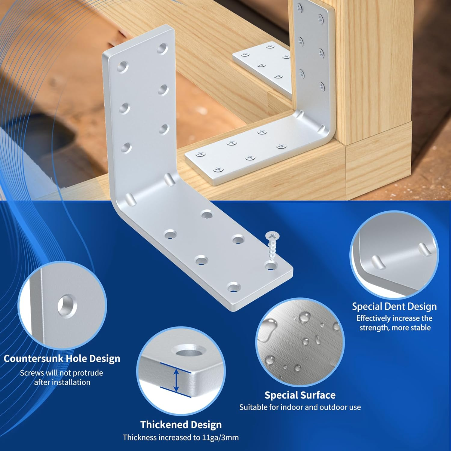 Wintcomfort 8 Pcs Metal Corner Shelf Bracket, 3.2" X 3.2" X 1.2" Thicken 11-Ga Heavy Duty Galvanized Corner Brace, 90 Degree L Bracket, Large Metal Corner Brace for Frame, Fence, Wood, Furniture image number 2