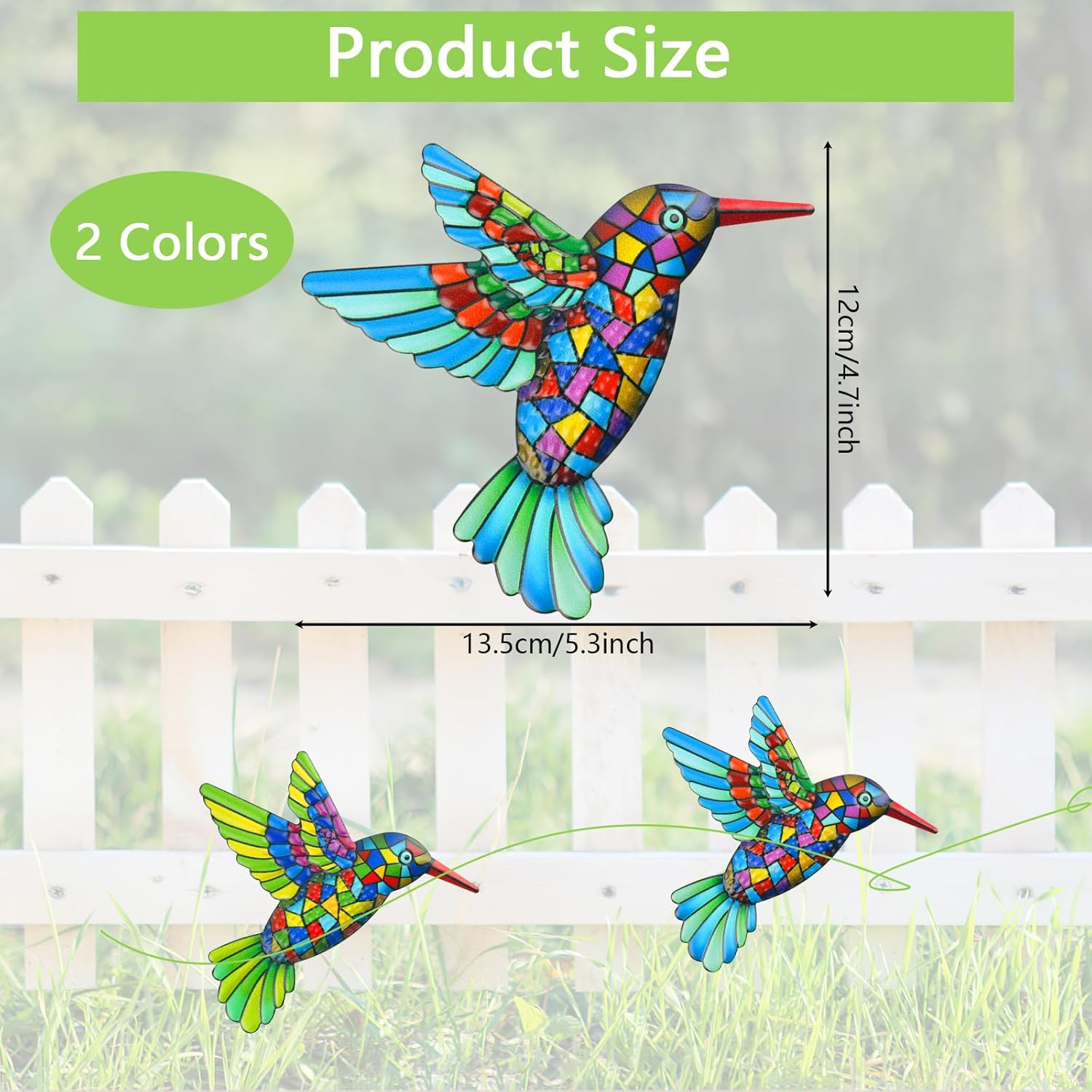 2 Pcs Metal Hummingbird Garden Ornaments Outdoor,Wrought Iron Colorful Hummingbird Wall Decor for outside Garden Patio Fence Home Bedroom Hanging Decoration