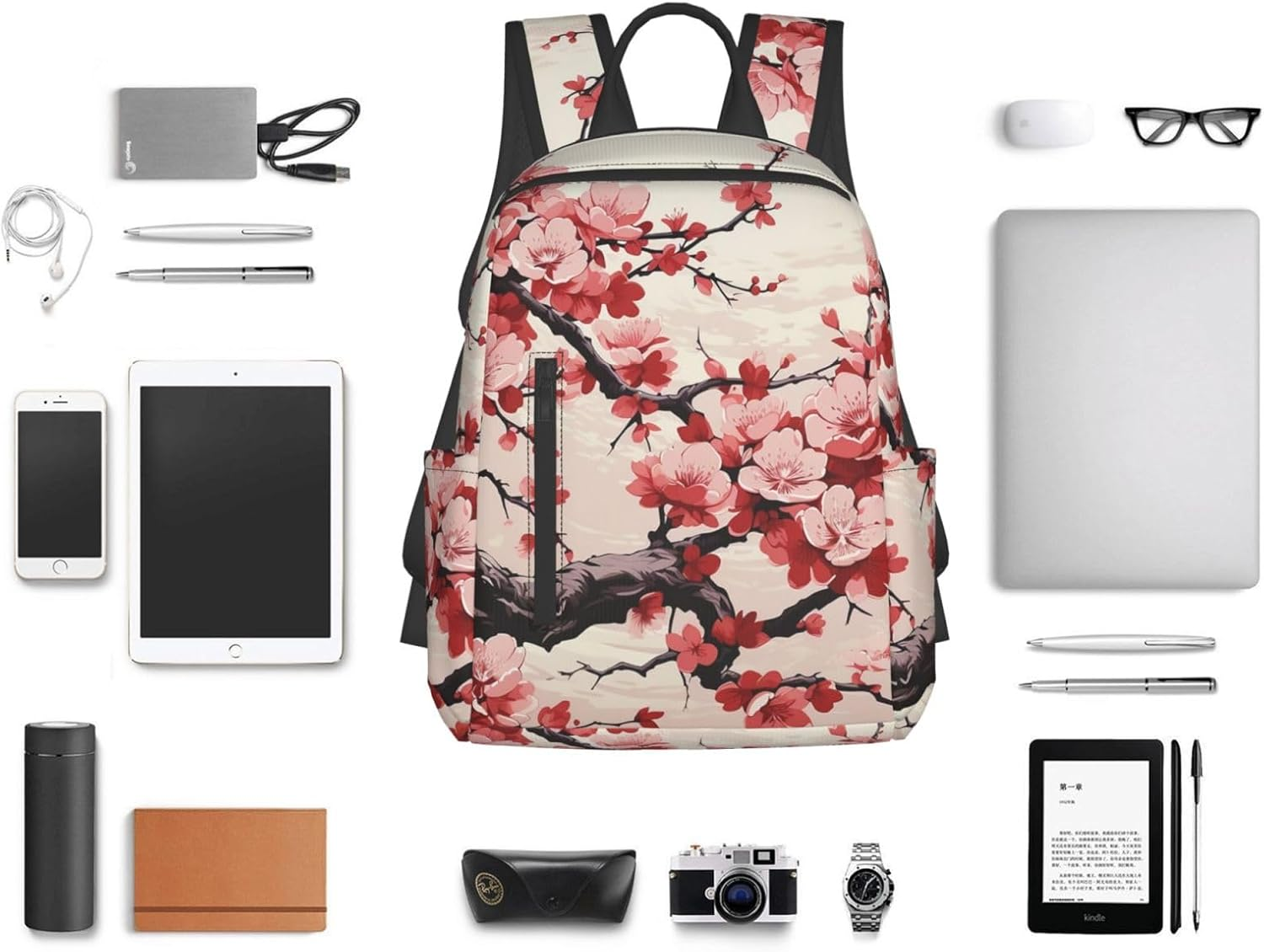 JHLMN Backpack Japanese Floral Cherry Blossom Travel Casual Laptop Backpack Adjustable Hiking Daypack for Men Women - Blue Flame image number 6