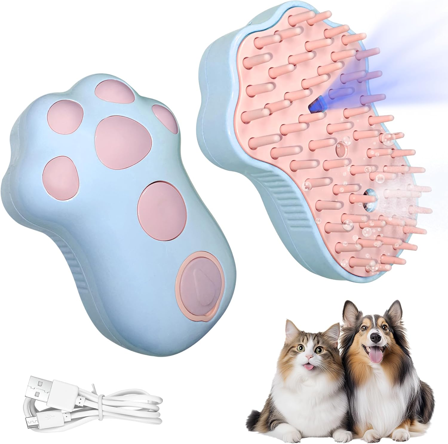 Oiuyamn 4-In-1 Cat Hair Removal Steam Brush, Silicone Cat Steam Brush with UV Light Steam Cat Brush for Massage/Grooming Pet Hair