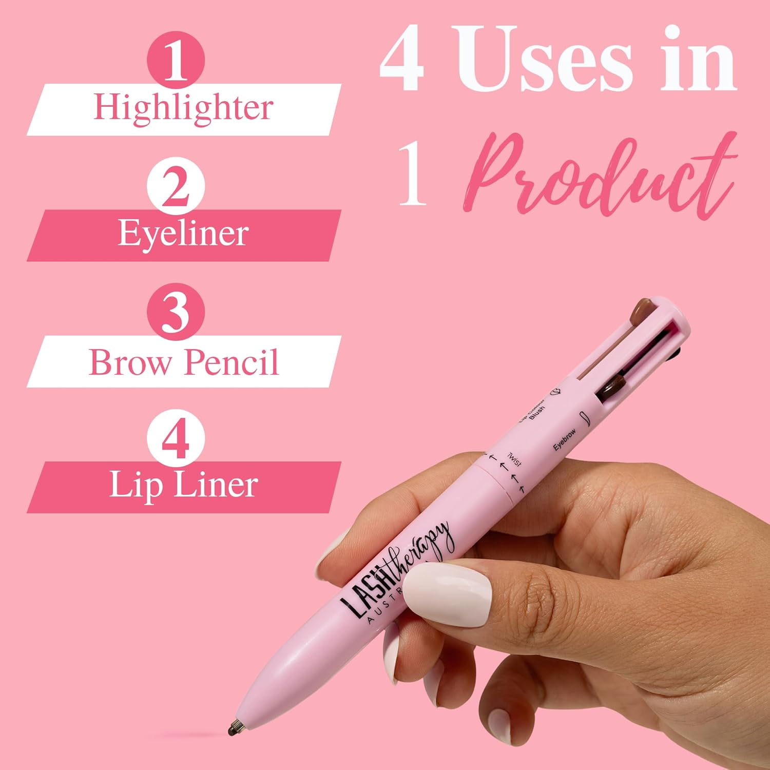 Lash Therapy Australia 4-In-1 | Makeup Pen, Lip Liner, Eyeliner, Brow Pencil & Highlighter | Compact, Travel Friendly Makeup Pen for Lips, Eyes, Brows & Face