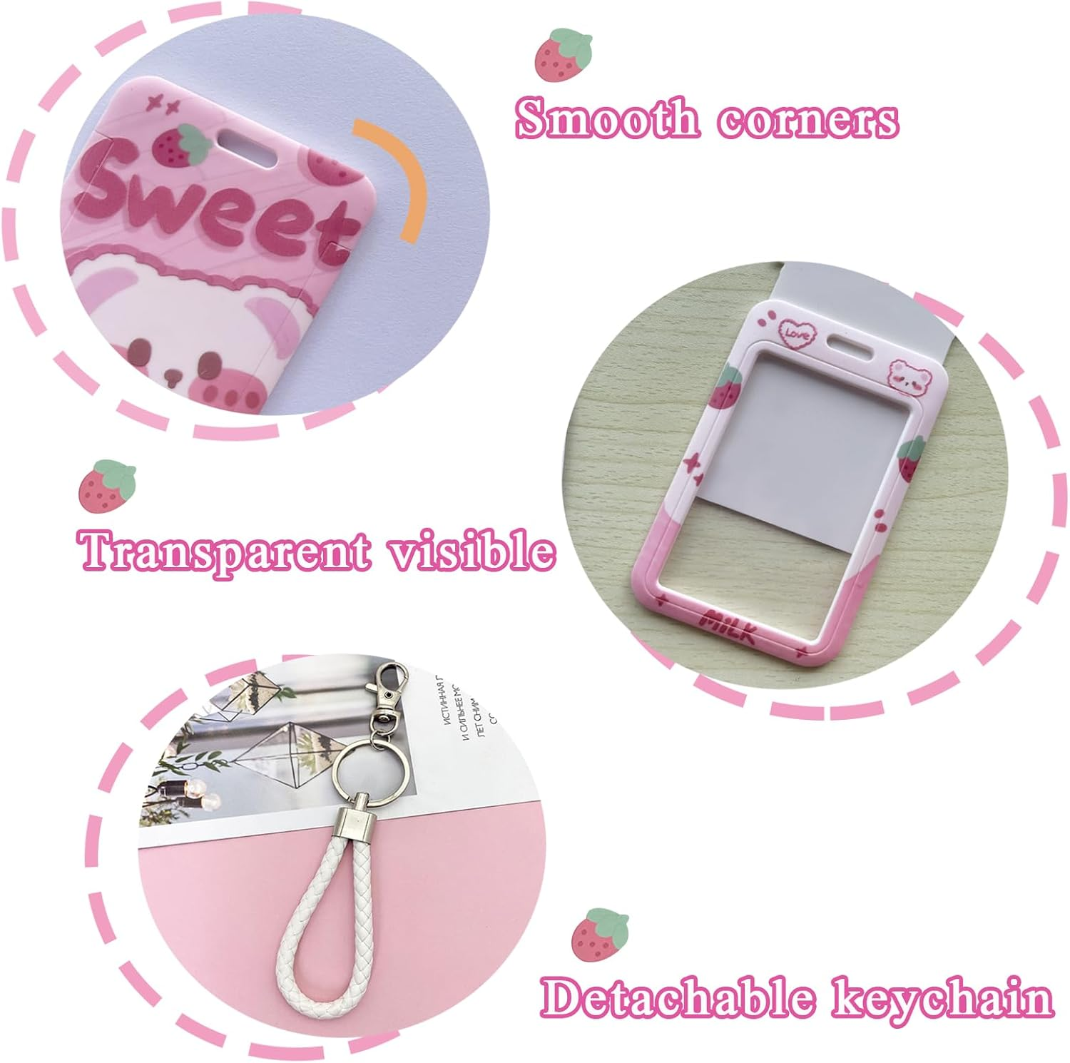 2 Pcs Kpop Photocard Holder Keychain Cute Bear Strawberry Kpop ID Badge Holder with Keychain Badge Reel Stationery for Back to School Student Bus Card Pendant Keychain (Pink), DTR42 - Pink image number 5
