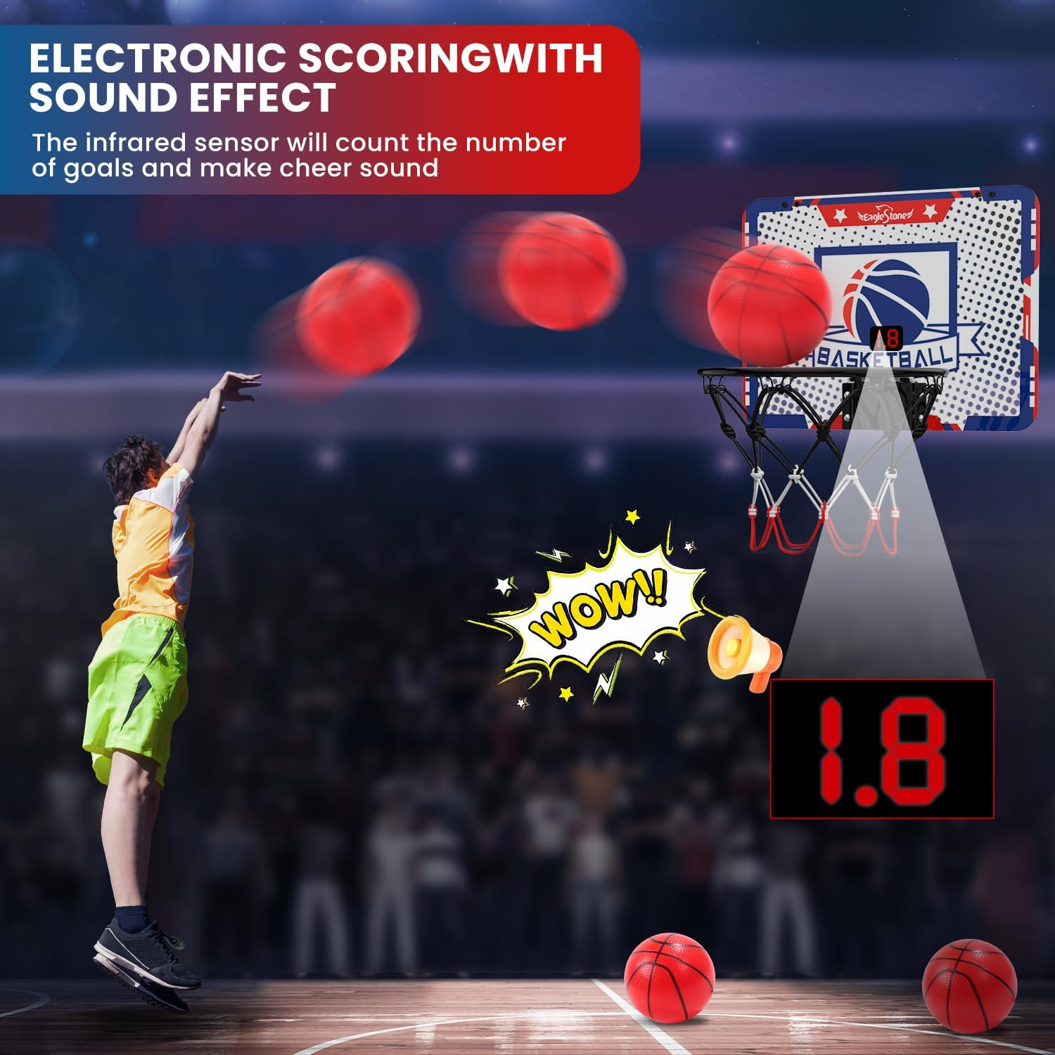 Eaglestone Kids Indoor Basketball Hoop, 4 Balls Mini Basketball Toy for Toddlers, with Electronic Scoreboard over the Door Room Wall Basketball Hoop Goal Boys Girls Age 3 4 5 6 7 8 9 10 image number 4