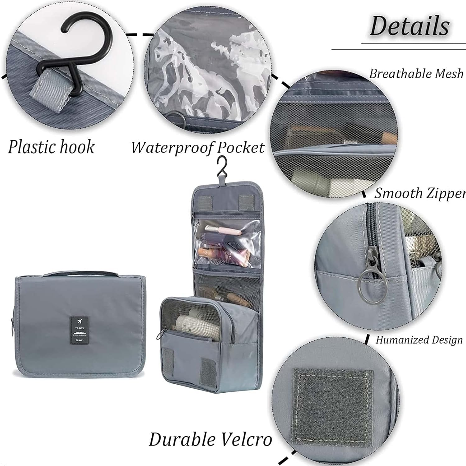 DAWNTREES Grey Hanging Travel Toiletry Bag Cosmetic Make up Organizer for Women and Girls,Travel Accessories,Make up Bag Toiletries Waterproof. image number 3