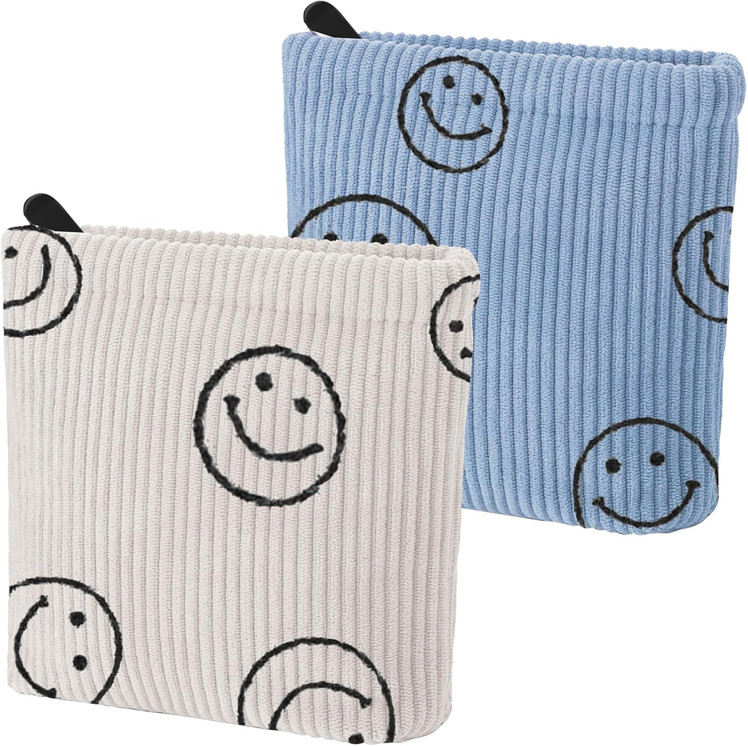 Teircno 2 PCS Preppy Corduroy Period Bag for Women, Cute Smiley Face Sanitary Napkin Storage Bag Portable Period Pouch with Zipper, Sanitary Pads Bag Tampons Holder for Purse First Period