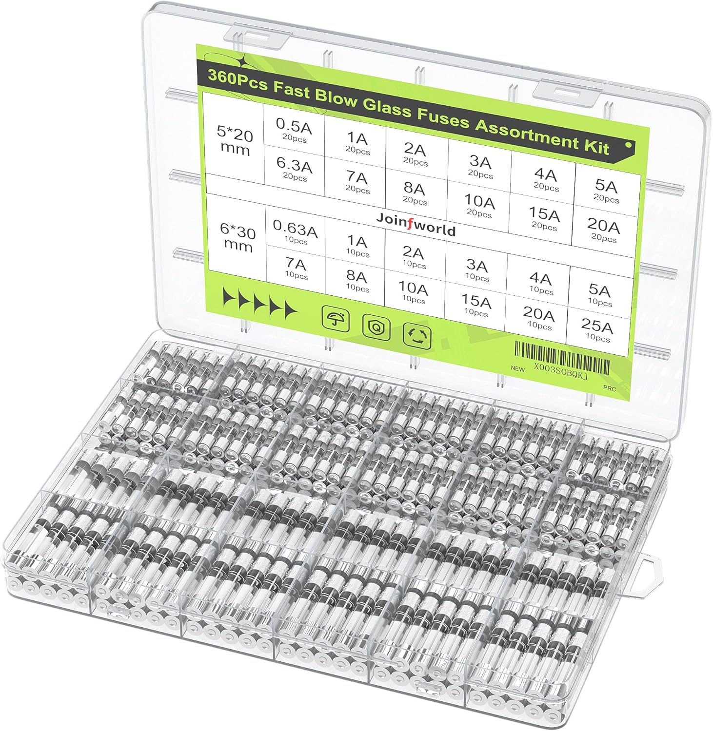 Joinfworld 360Pcs Fast Blow Glass Fuse Assortment Kit 24 Values Automotive Fuses Kit 250V 0.5A 0.63A 1A 2A 3A 4A 5A 6.3A 7A 8A 10A 15A 20A 25A 5X20Mm & 6X30Mm Glass Fuses image number 2