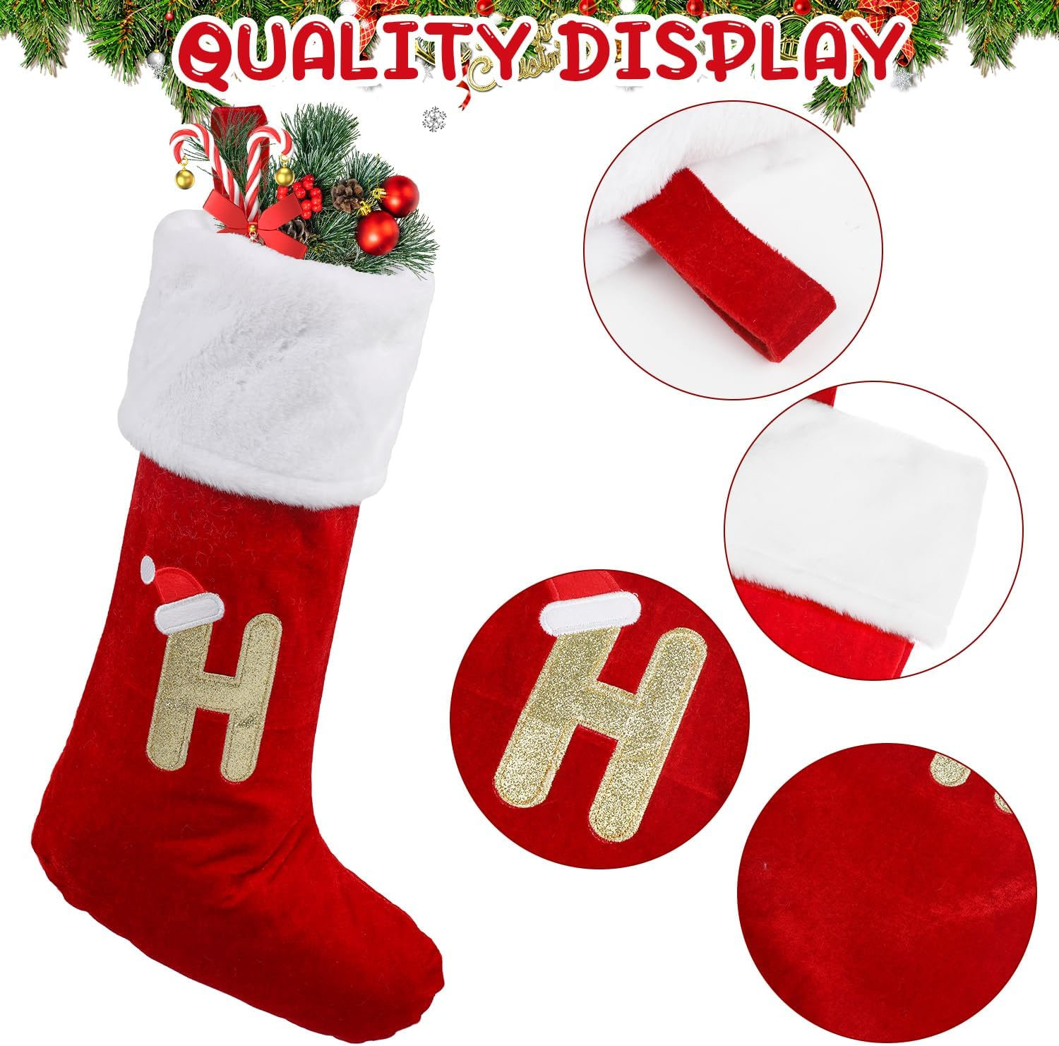 VEYLIN Christmas Stockings with Letters, 20 Inch Large Plush Christmas Stockings Embroidered Stockings Stockings for Kids/Adult Red Letter(H) image number 1